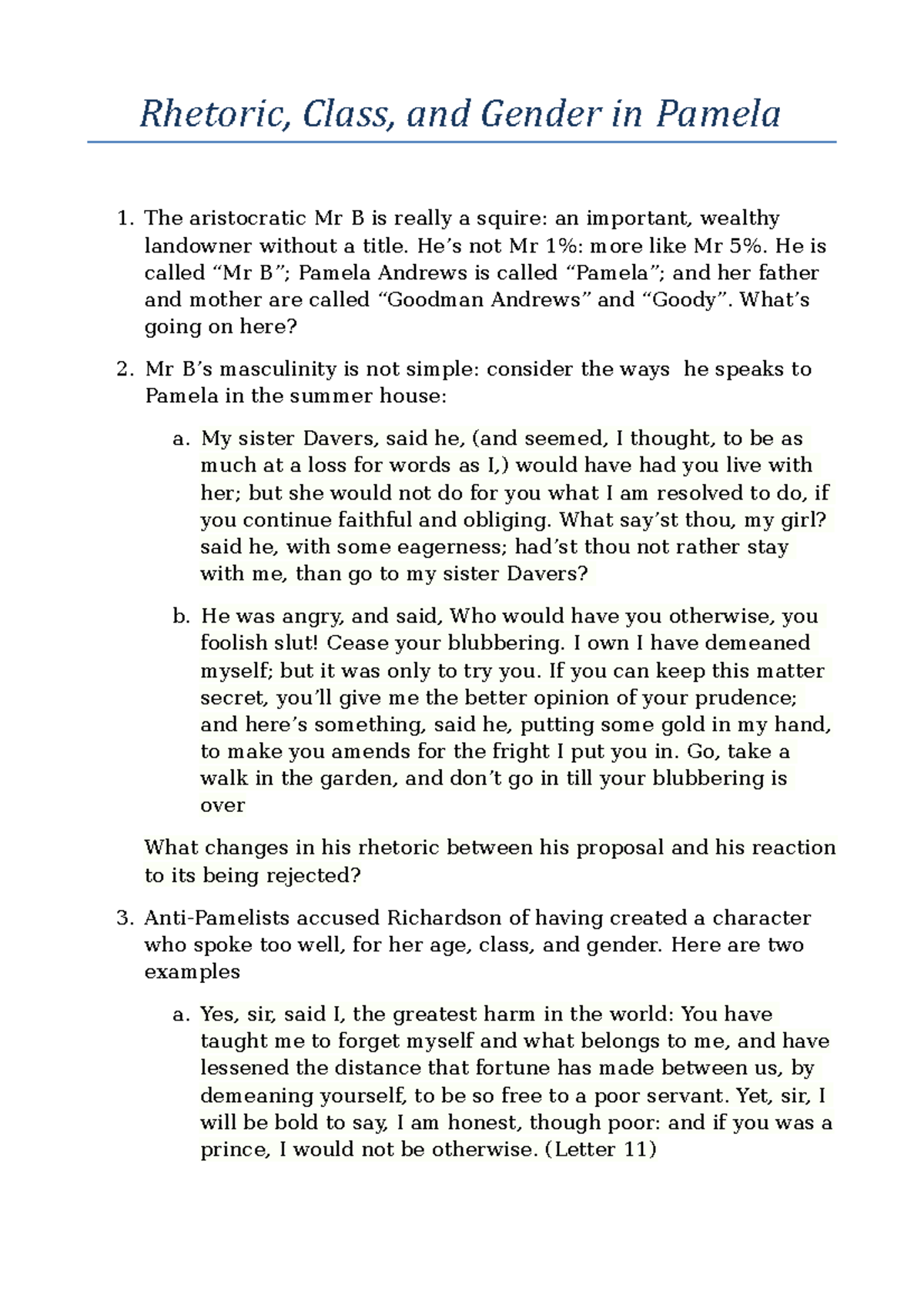 Rhetoric and Gender in Pamela questions about different topics of the ...