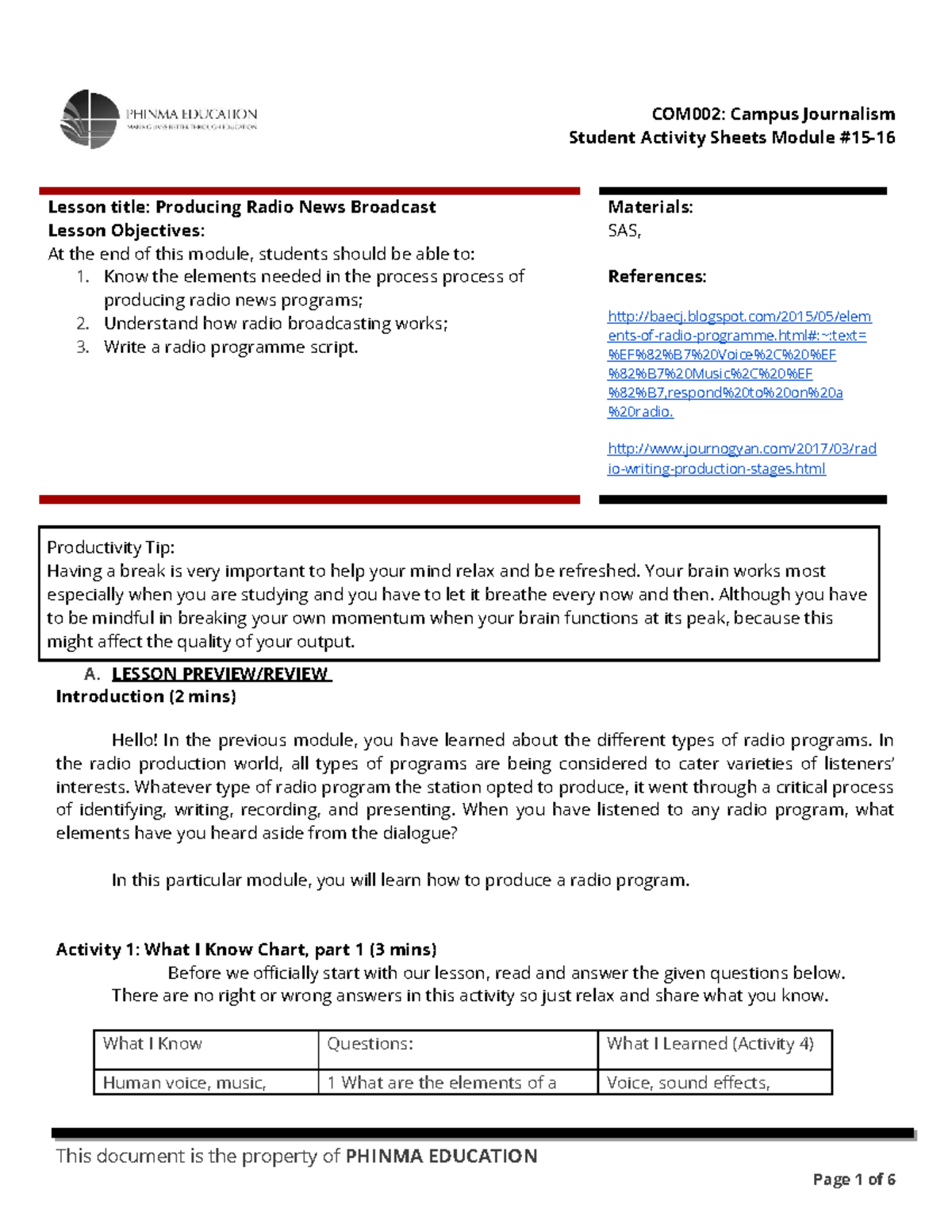 COM 002, Moduel 15-16 - Campus Journalism - Student Activity Sheets ...