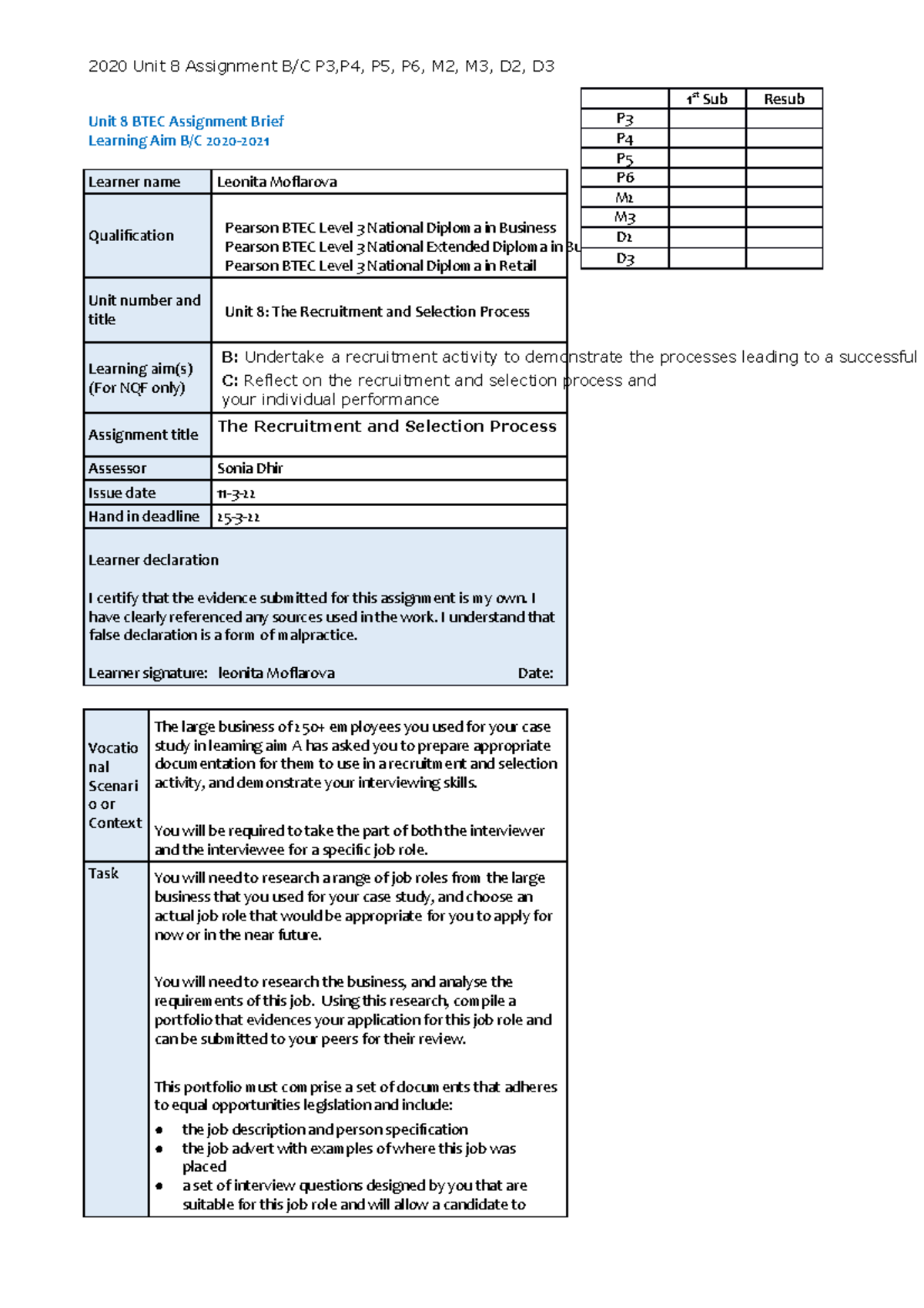 Assignment 2 Unit 8 - job description, application form, created ...