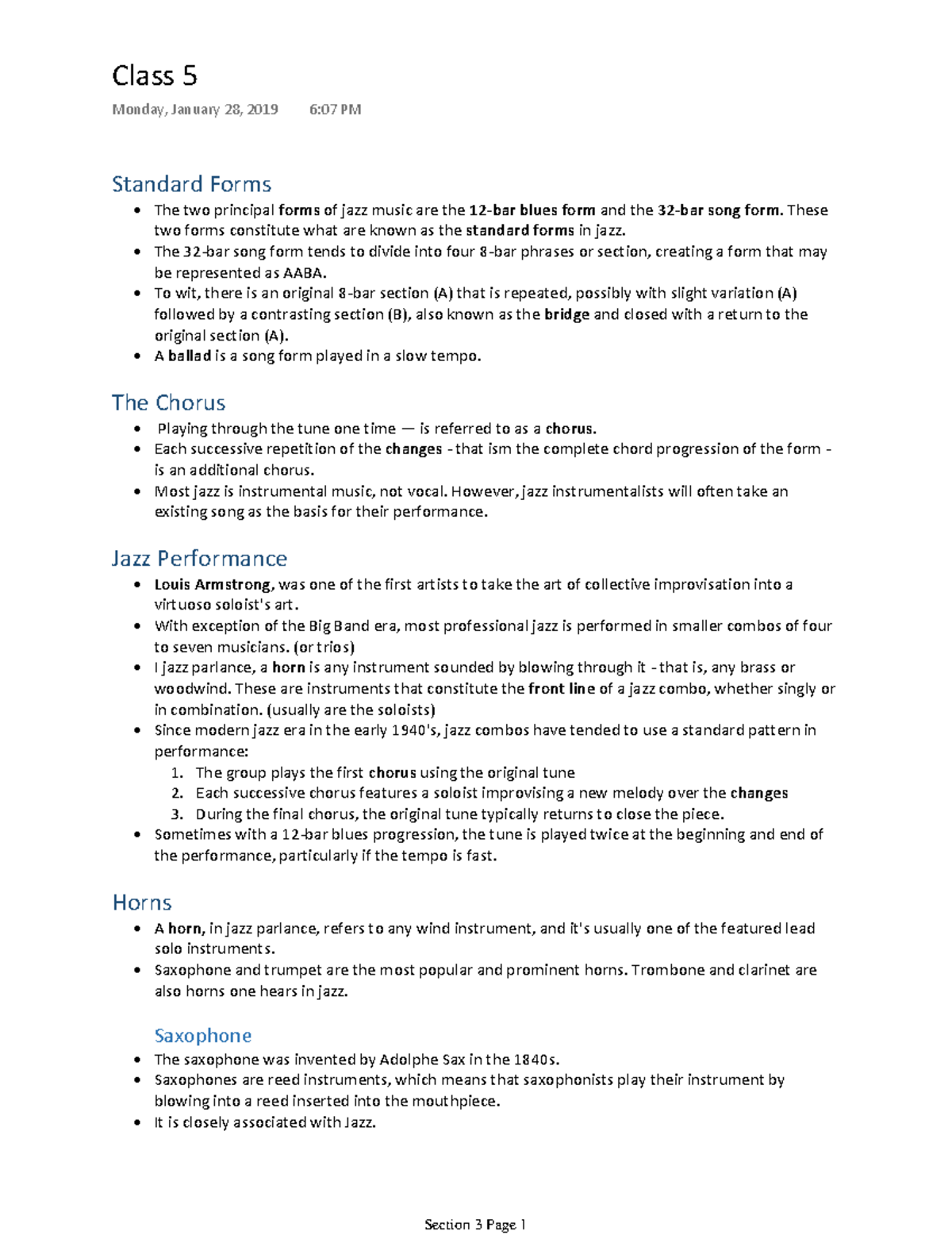 Section 3 Summary History Of Jazz Class 5 Monday, January 28, 2019