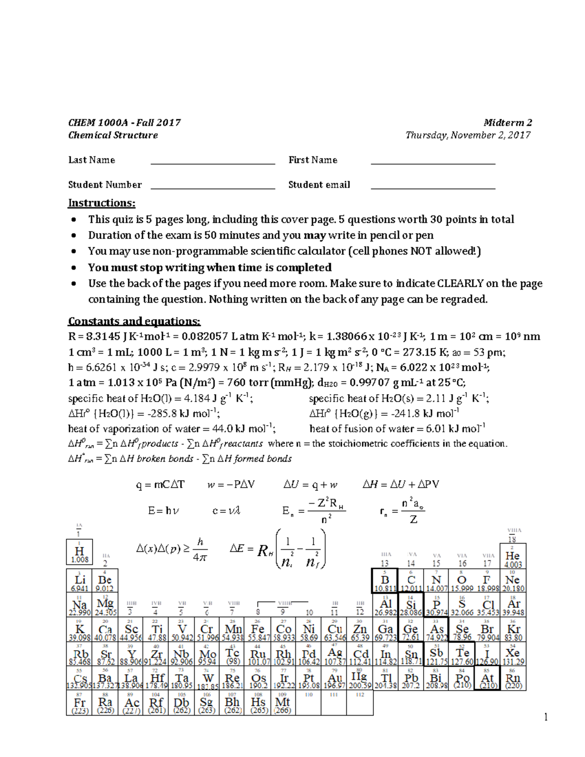 2nd midterm 2017 - m CHEM Fall 2017 Chemical Structure Last Name ...