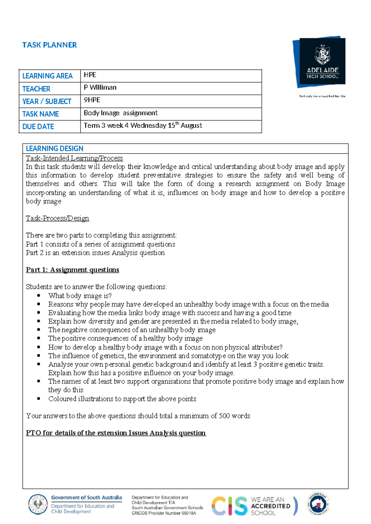 Body Image Assignment 2018 new task design - TASK PLANNER LEARNING ...