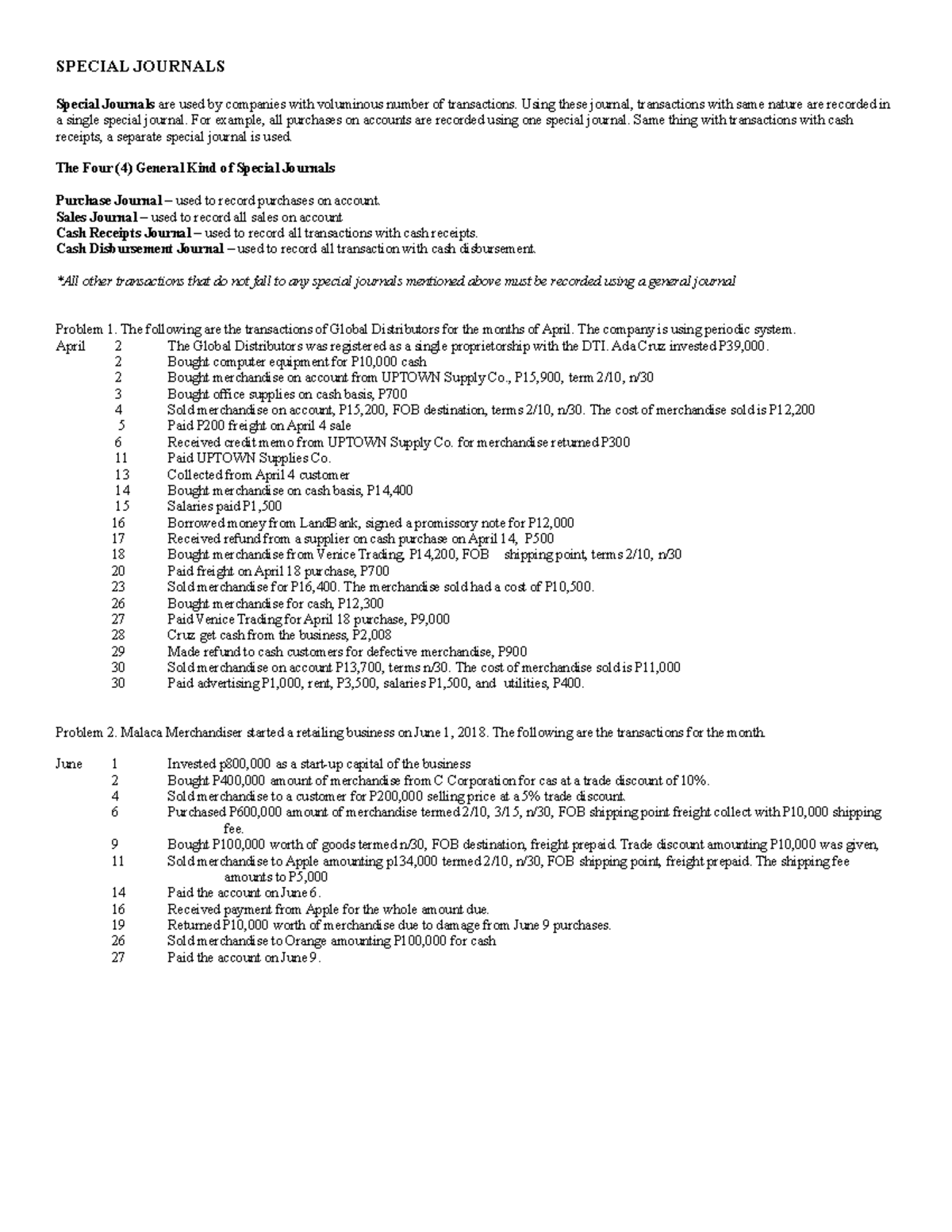 Basic Accounting Special Journals SPECIAL JOURNALS Special Journals