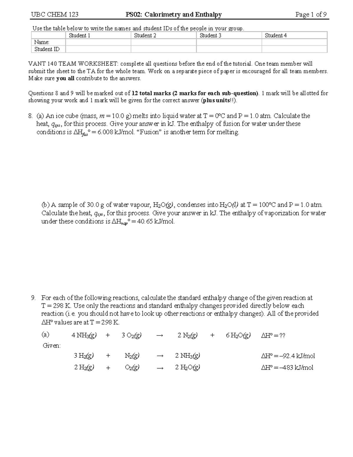 2023S-VANT140-Tutorial 2A - UBC CHEM 123 PS02: Calorimetry and Enthalpy ...