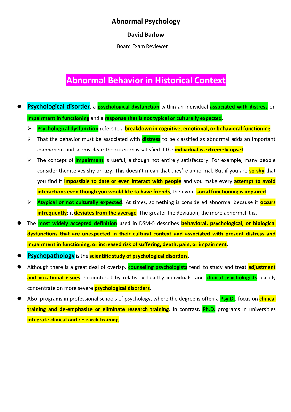 Abnormal Psychology Reviewer Barlow 1 50 - Abnormal Psychology David ...