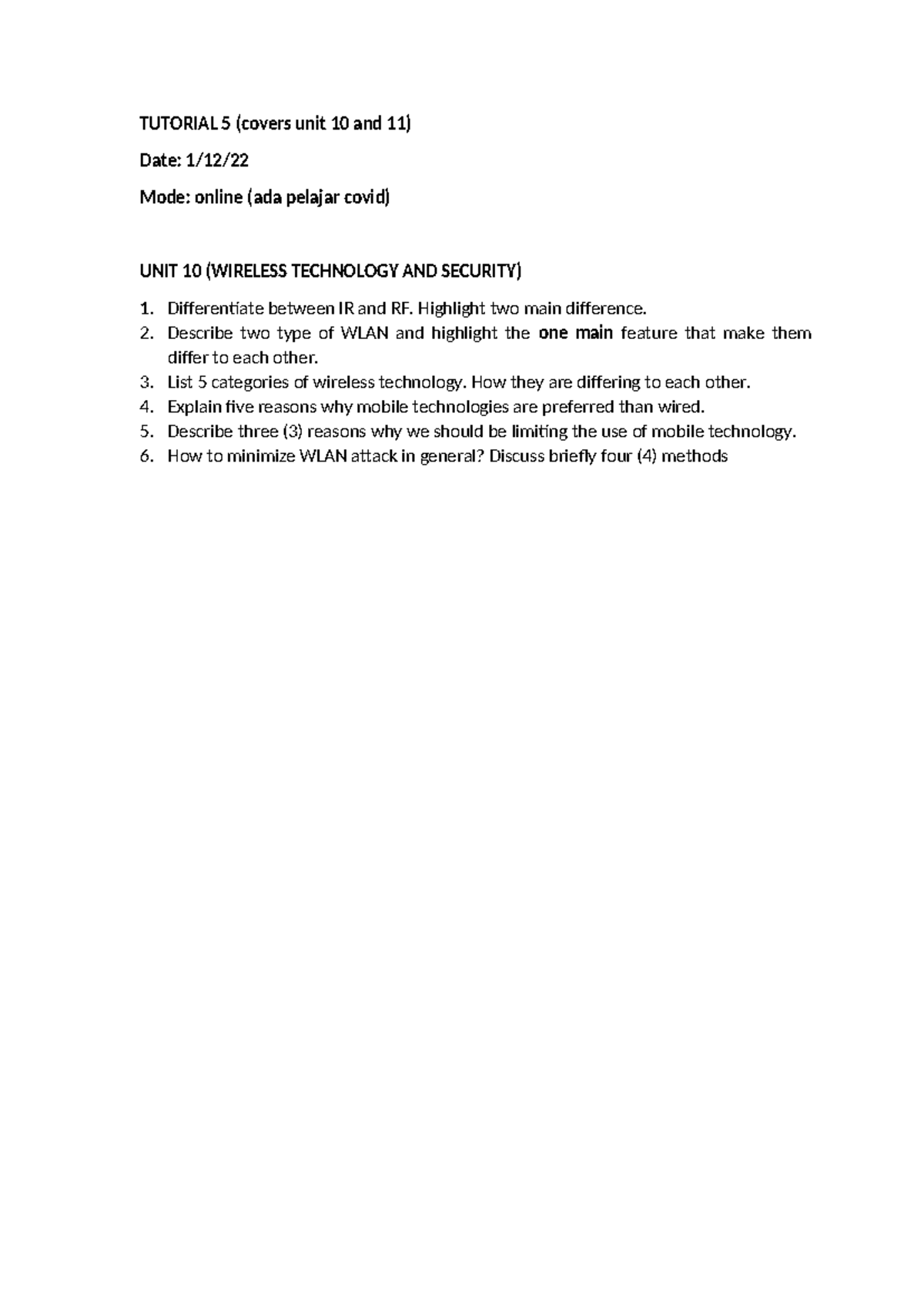 Tutorial 5 Unit 10 Q - TUTORIAL 5 (covers unit 10 and 11) Date: 1/12 ...