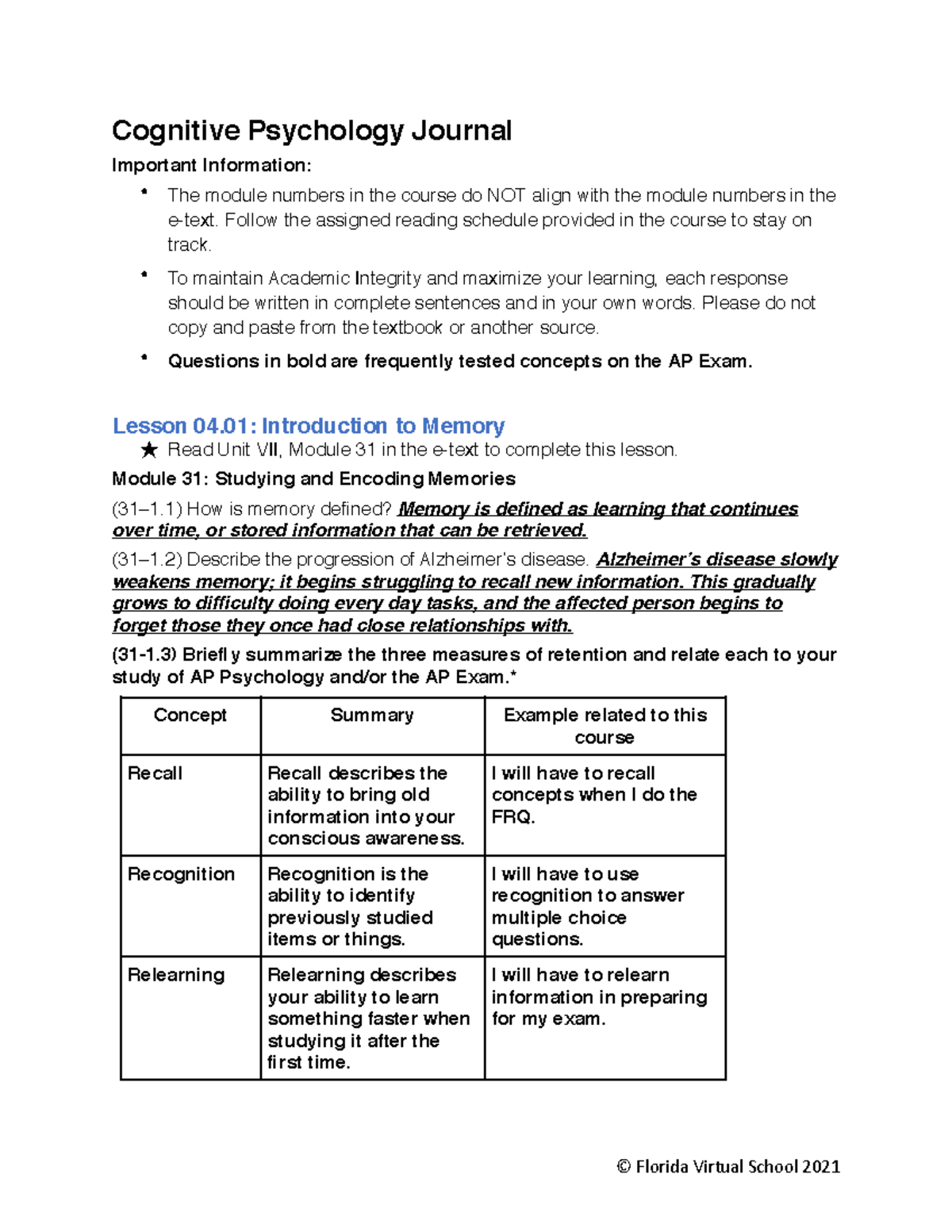 Cognitive Psychology Journal Cognitive Psychology Journal Important Information The Module 