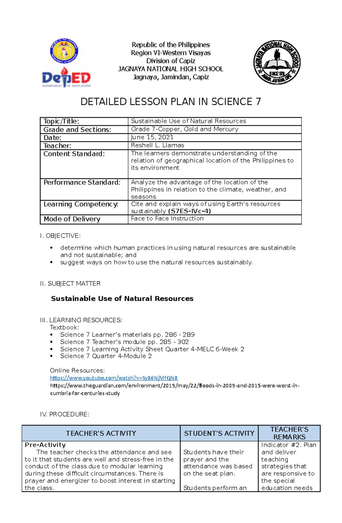 COT Lesson PLAN 4TH Quarter Republic Of The Philippines Region VI 