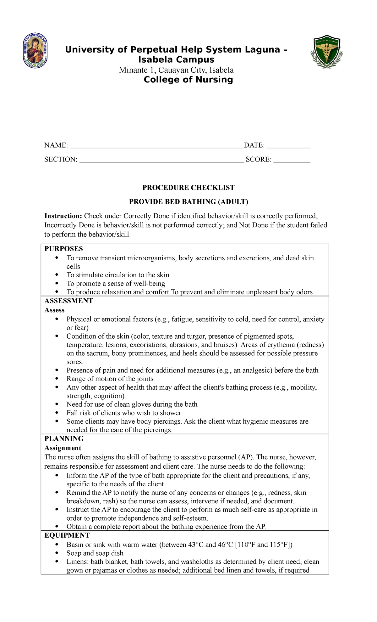 Provide BED Bathing ( Adult) University of Perpetual Help System