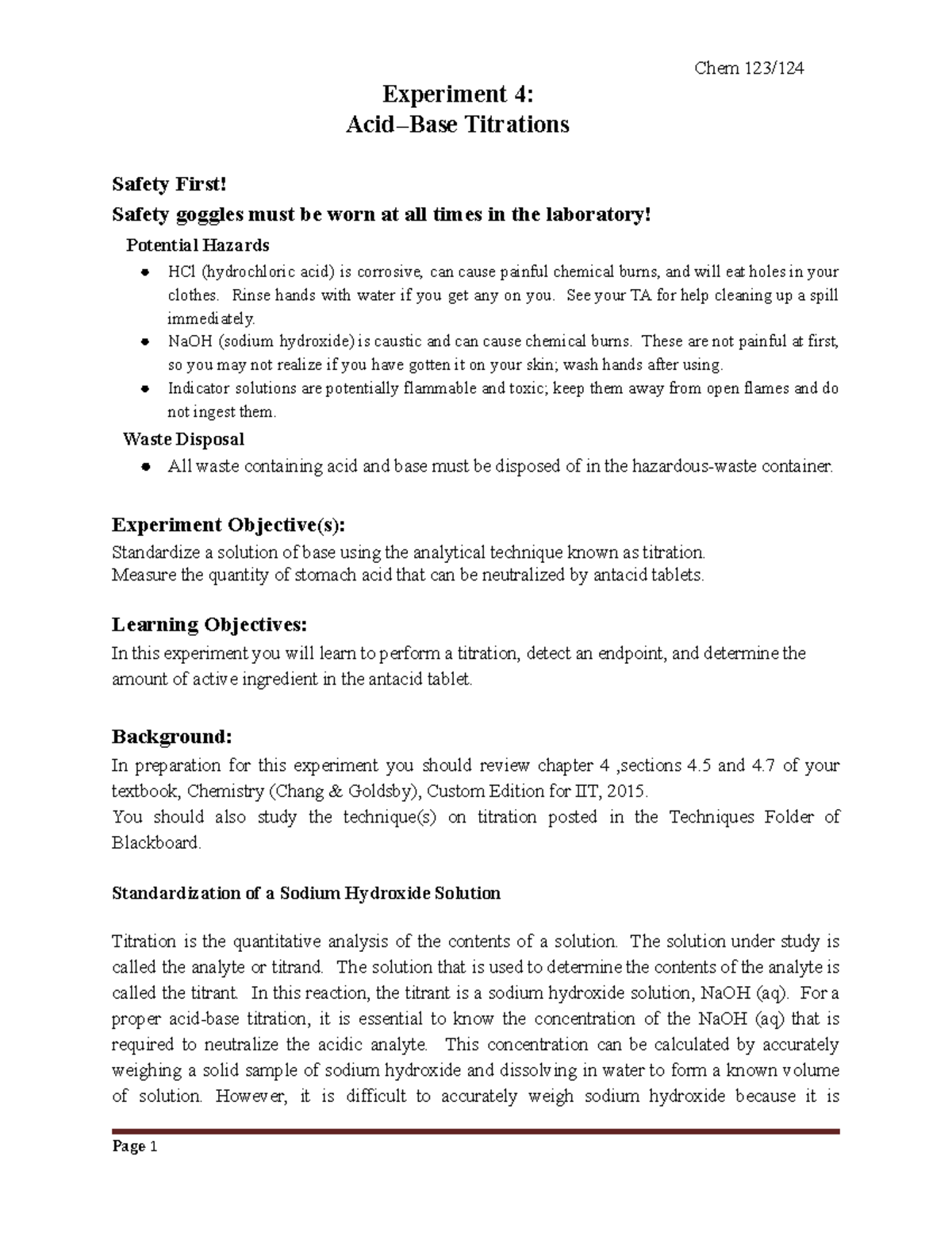 Experiment 4 NA NO Chem 123/ Experiment 4 AcidBase Titrations