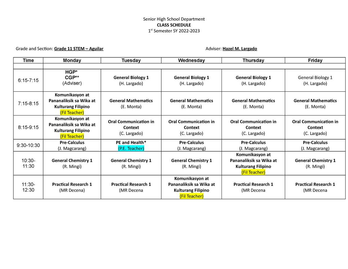 Grade 11 Class Daily Schedule unfinalized - CLASS SCHEDULE 1 st ...