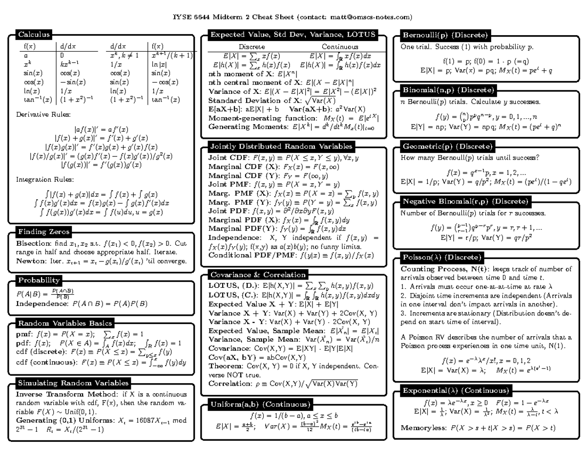 Exam 2 Cheat Sheet with formulas and answers - IYSE 6644 Midterm 2 ...