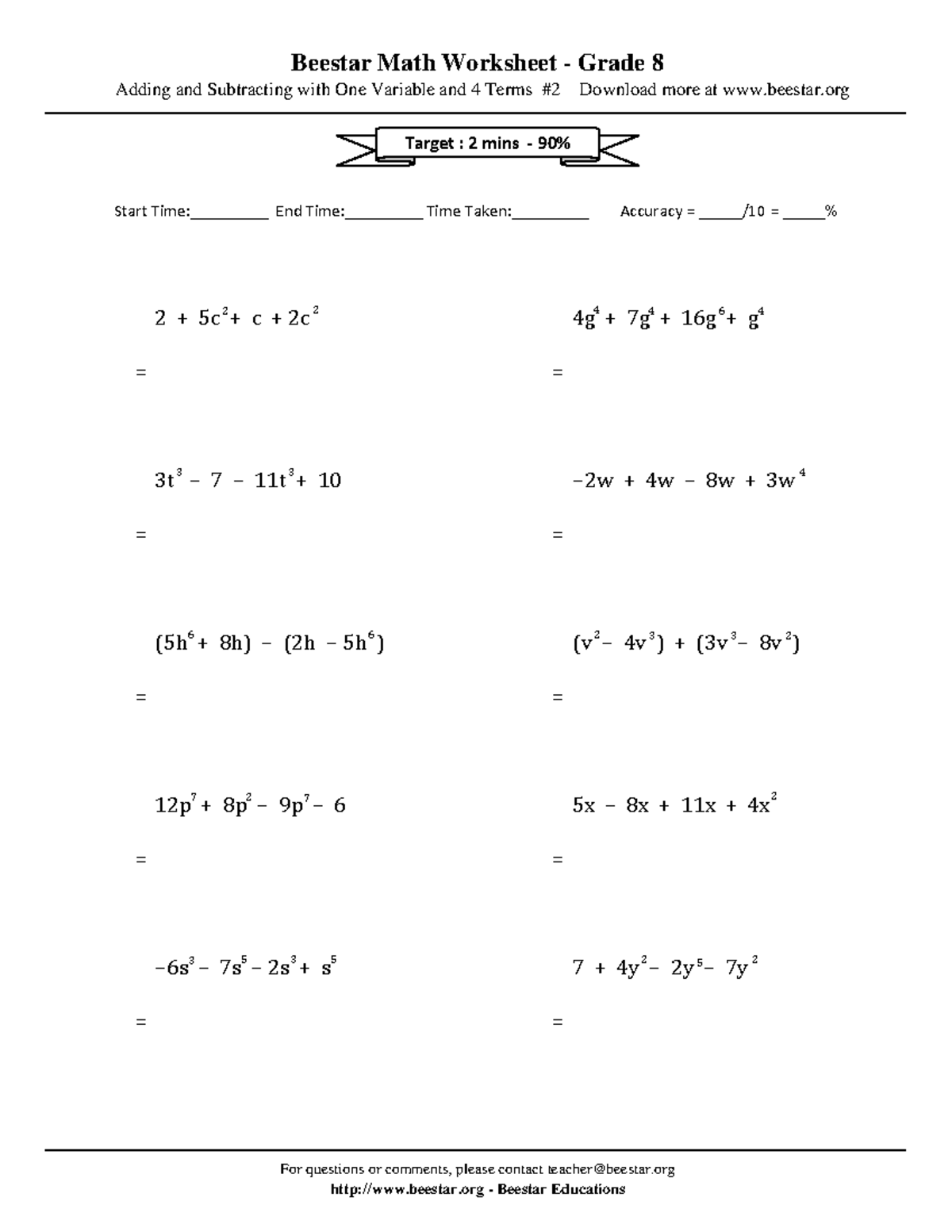 Grade 08 algebra addsub 1v4t 02 - Beestar Math Worksheet - Grade 8 ...