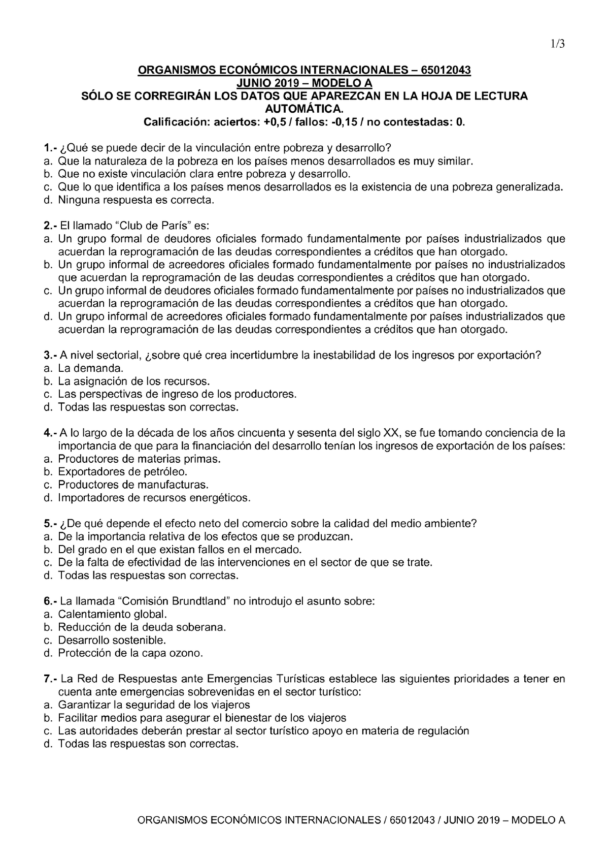 Examen 10 Junio 2019, Preguntas - Organismos Económicos Internacionales ...