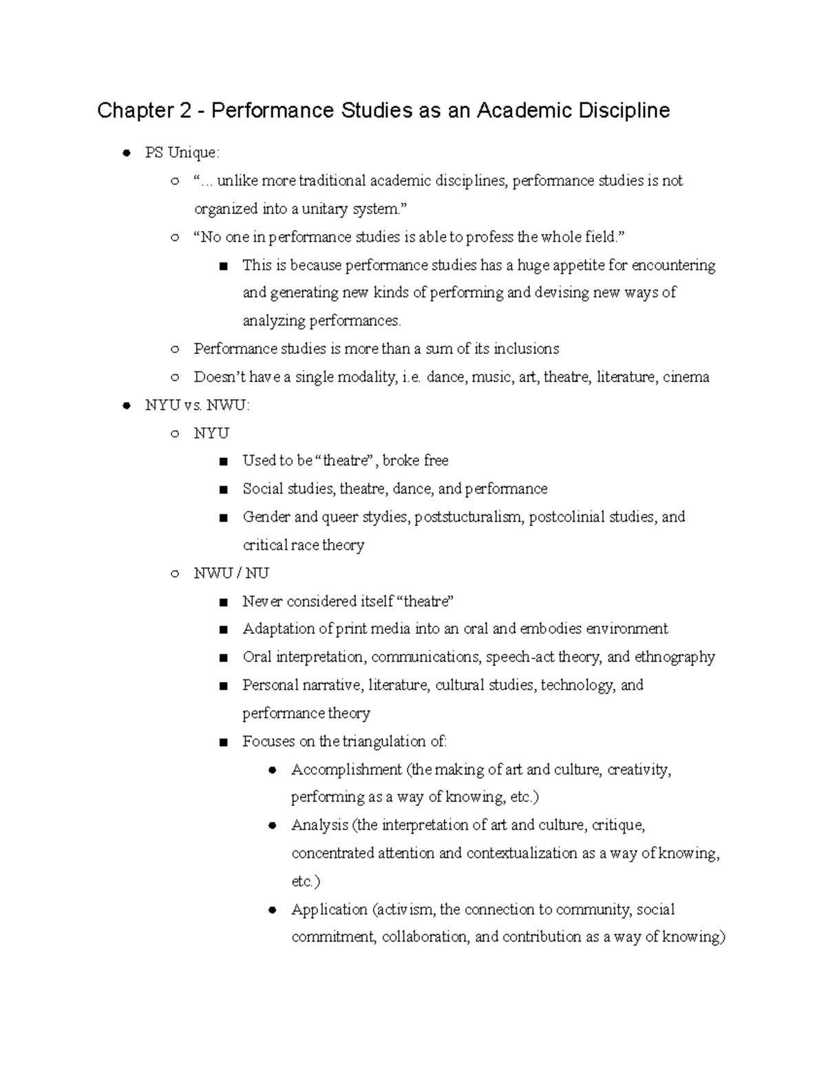 Intro to Performance Studies Chapter 2 Reading Notes Chapter 2 Performance Studies as an