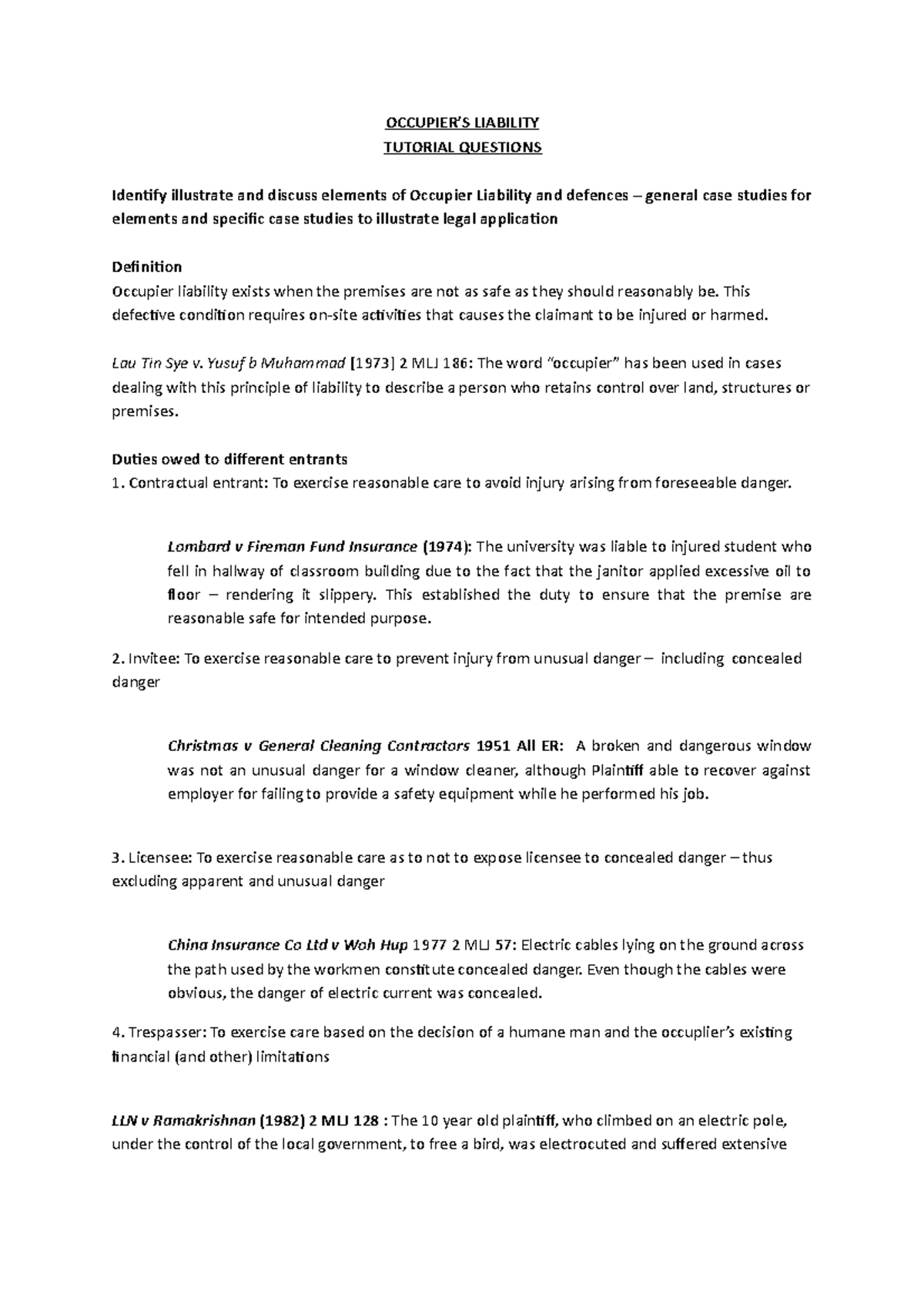 Legal Aspects - Week 9 - OCCUPIER’S LIABILITY TUTORIAL QUESTIONS ...