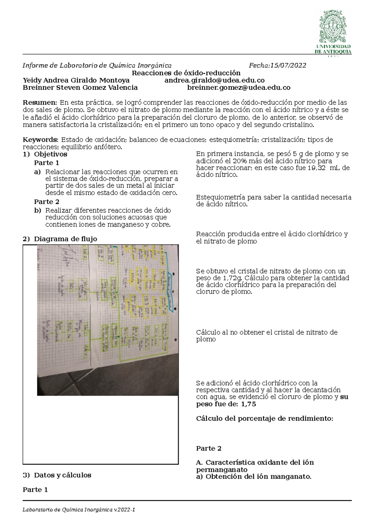 Informe Reaccion Redox Informe De Laboratorio De Química Inorgánica