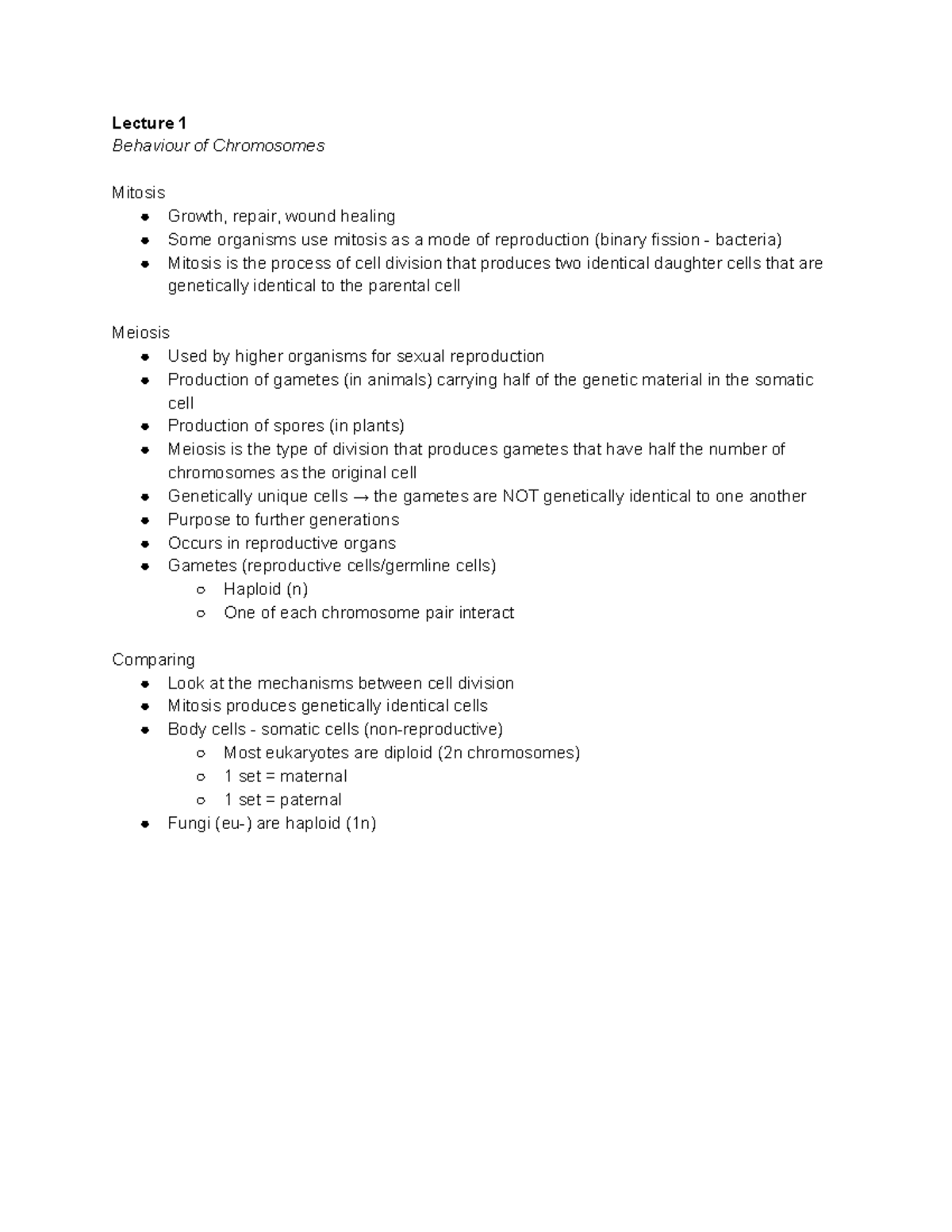 Lecture 1 Notes - Lecture 1 Behaviour of Chromosomes Mitosis Growth ...