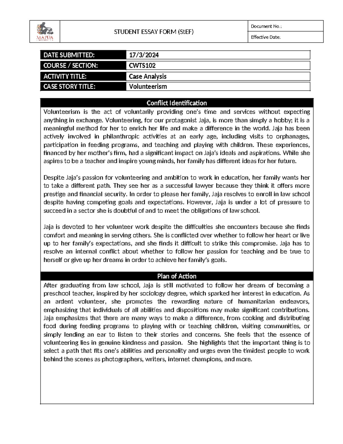 Form - Case analysis Essay Volunteerism - STUDENT ESSAY FORM (StEF ...