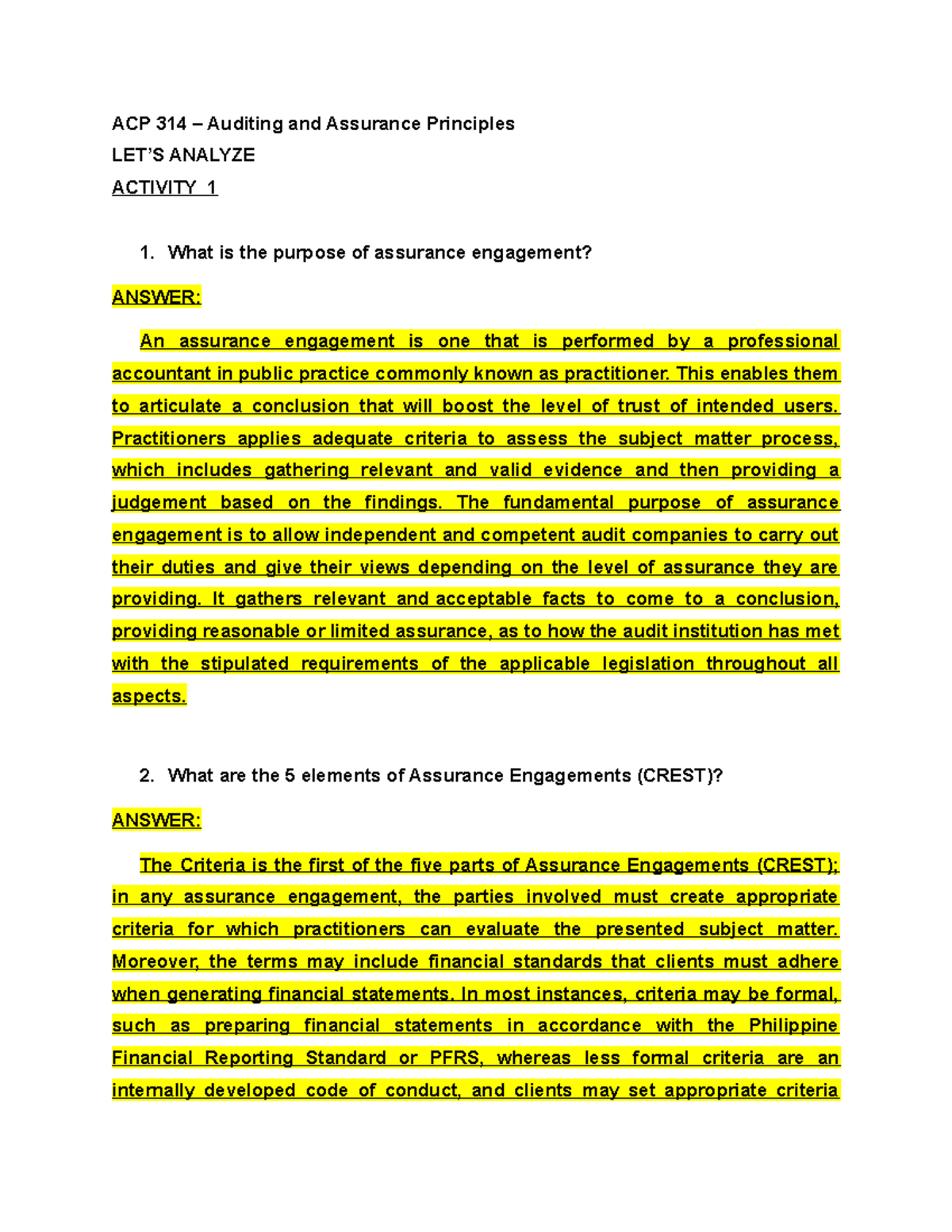 Auditing And Assurance Principles-LETS- Analyze- Activity 1 - ACP 314 ...