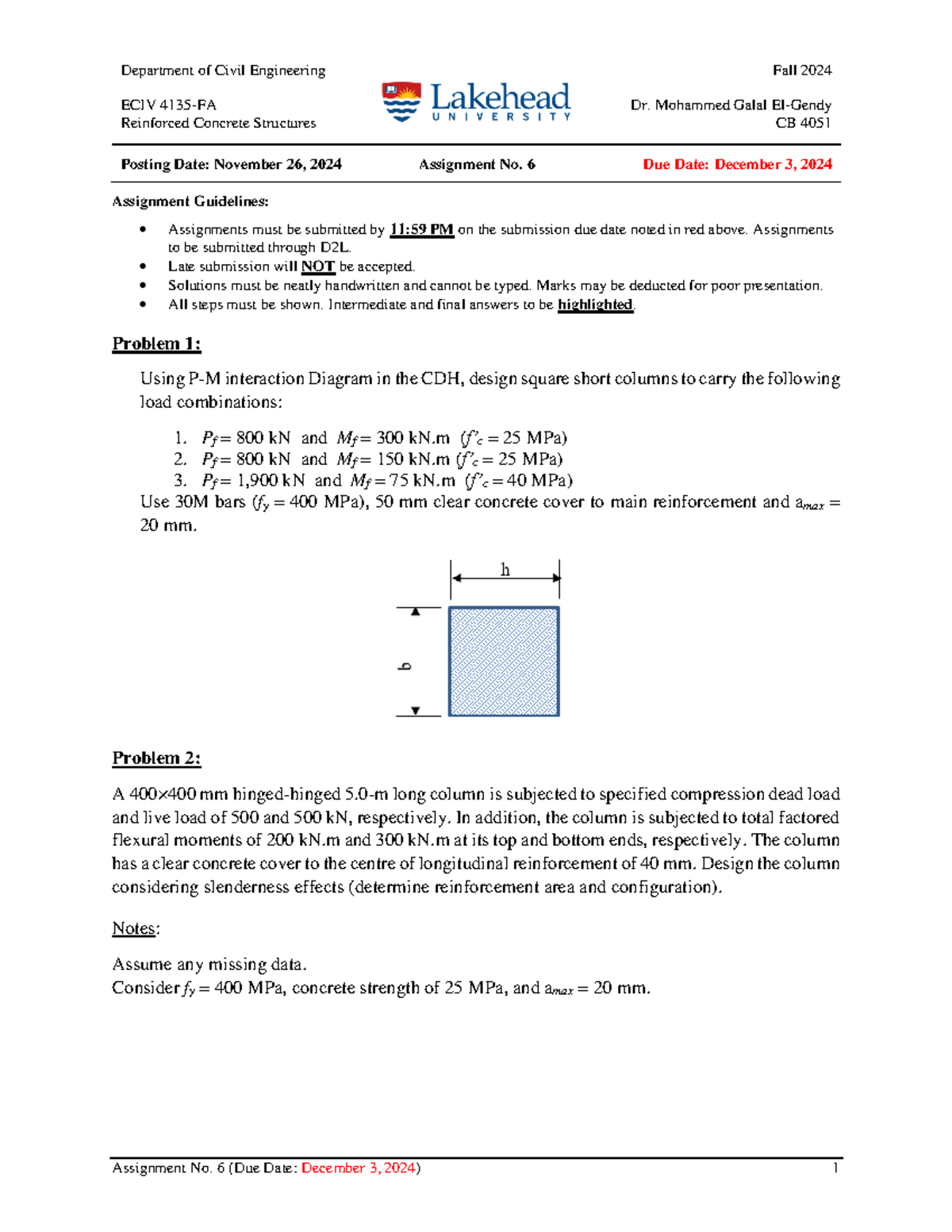 Assignment 06 - RC - Department of Civil Engineering Fall 2024 ECIV ...