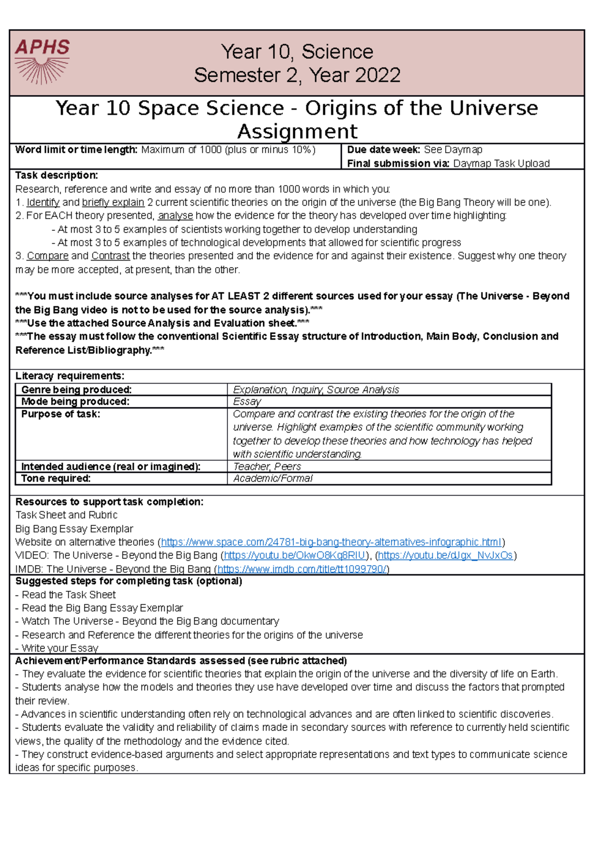 2022 10 Science Origins Of The Universe Assignment Year 10 Science