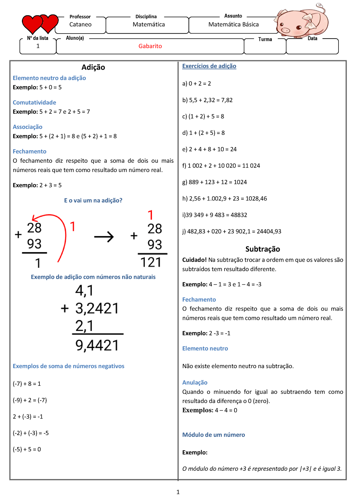 Gabarito - Lista 1 - Adição.Subtração - Matem·tica B·sica Assunto Turma ...