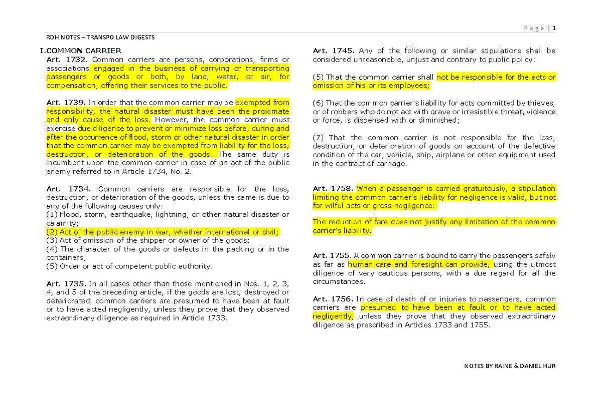 Transpo Digests RDH NOTES TRANSPO LAW DIGESTS I CARRIER Art. 1732