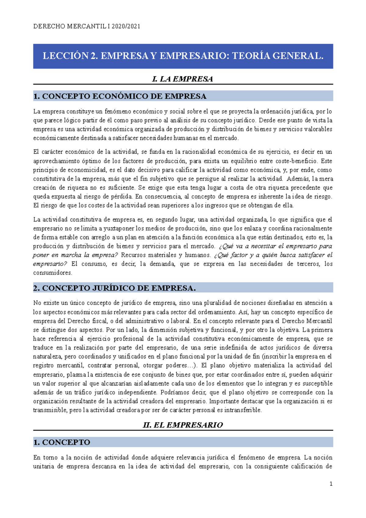 Lección 2 Derecho Mercantil I - LECCIÓN 2. EMPRESA Y EMPRESARIO: TEORÍA ...