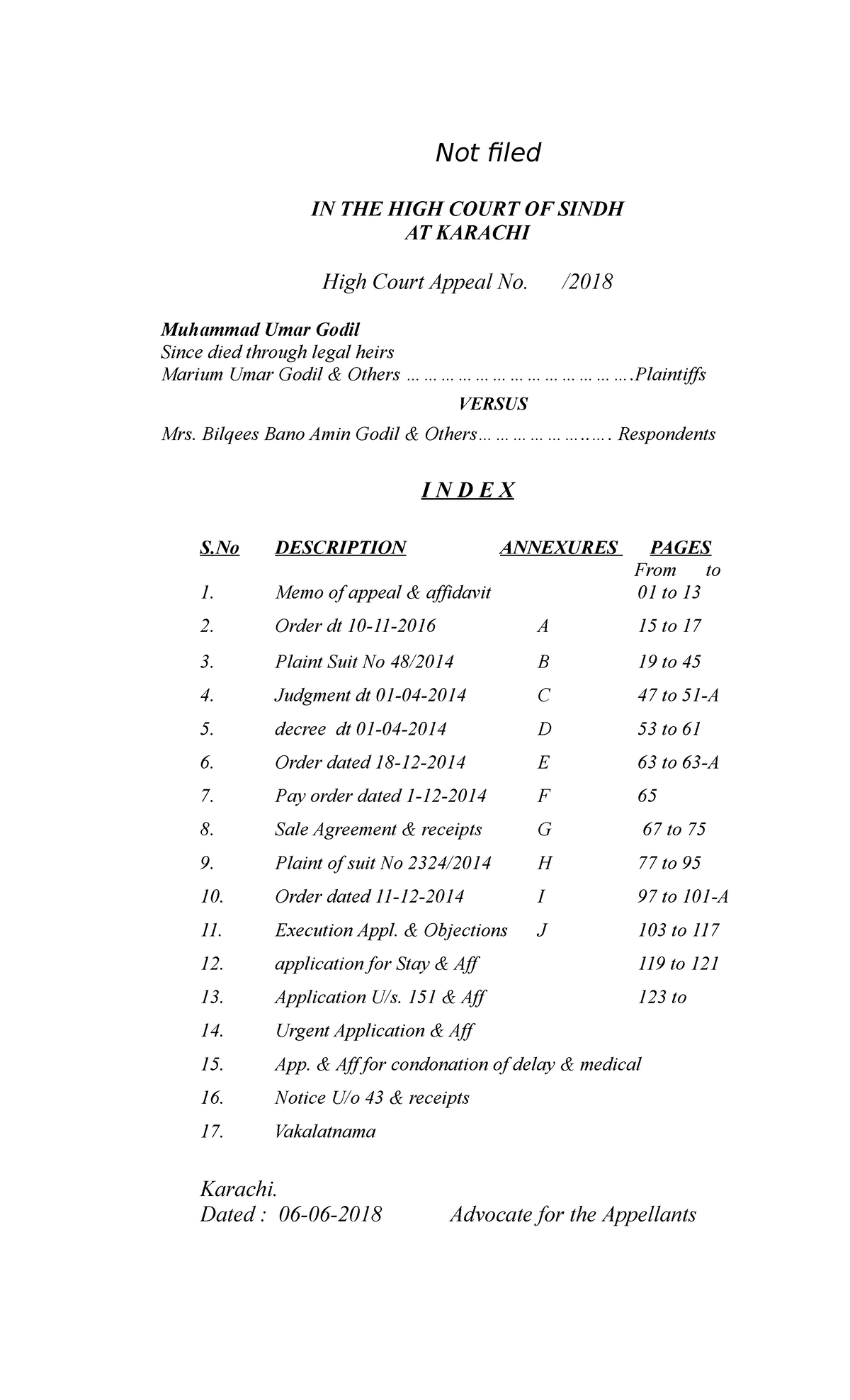 High Court Appeal 2018 Not Filed IN THE HIGH COURT OF SINDH AT