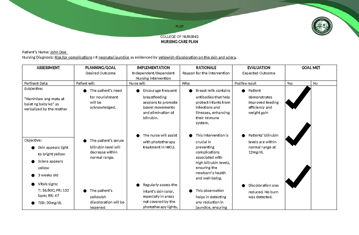 PLSP-NCP-MCHN-SGA - reviewer - PLSP COLLEGE OF NURSING NURSING CARE ...