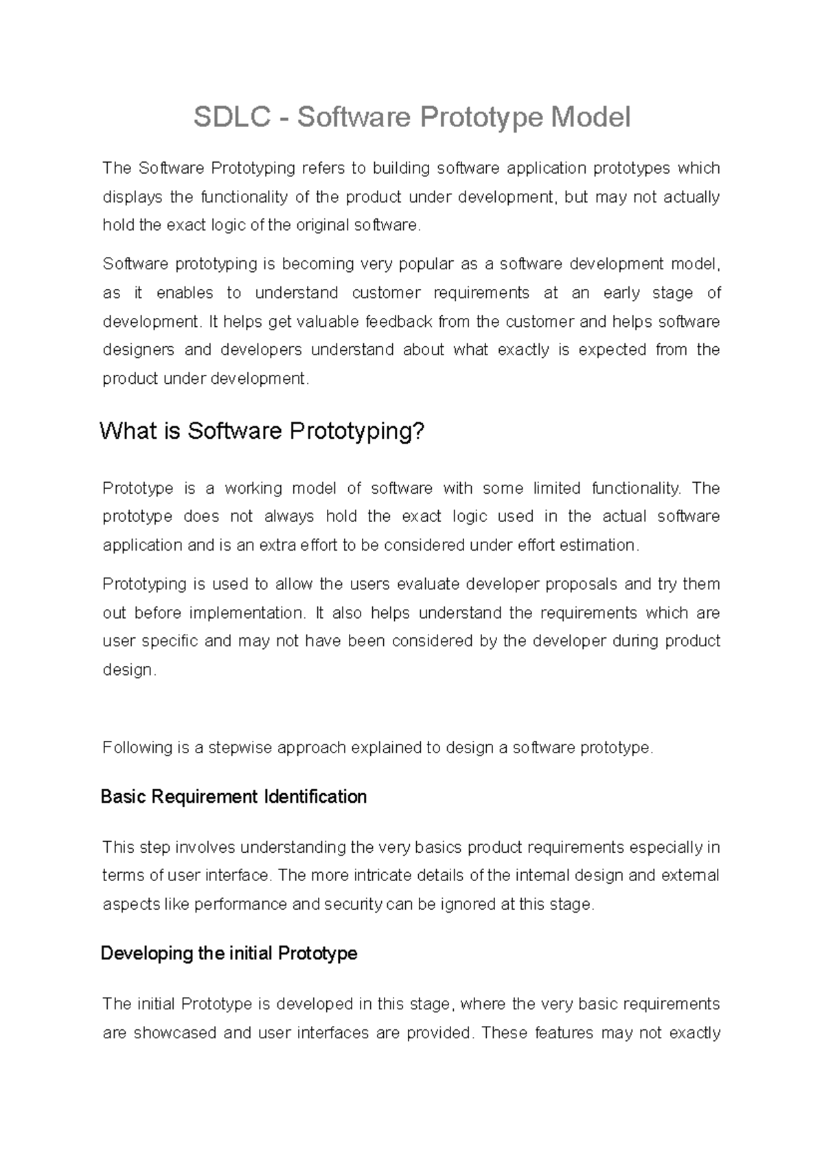Prototyping system design and implementation lecture notes. SDLC