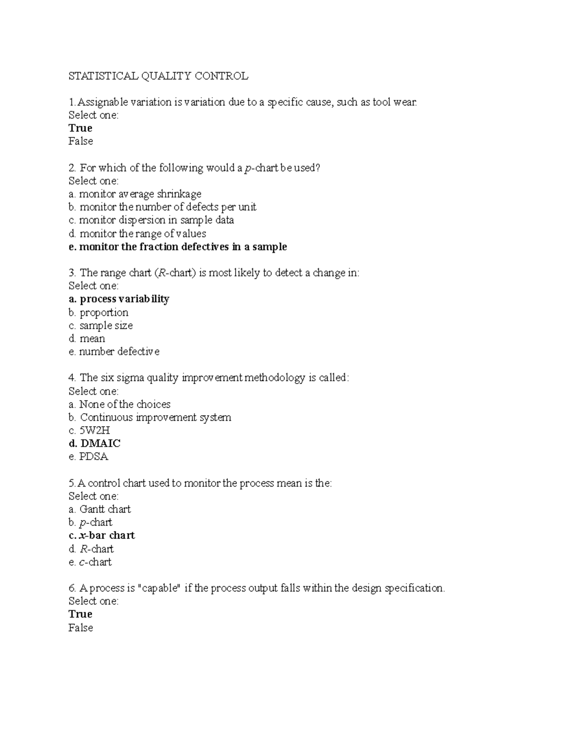 Chapter 10 QCM - COMM225 - STATISTICAL QUALITY CONTROL 1 variation is ...