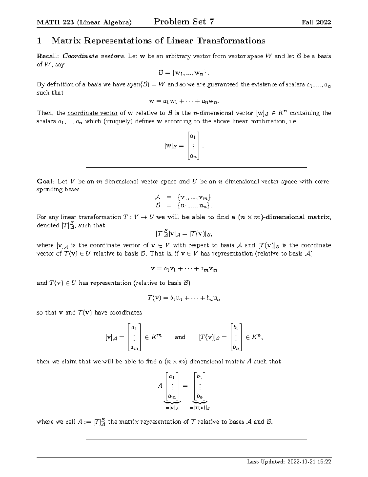 7 Matrix Representation of Linear Transformations (questions only ...