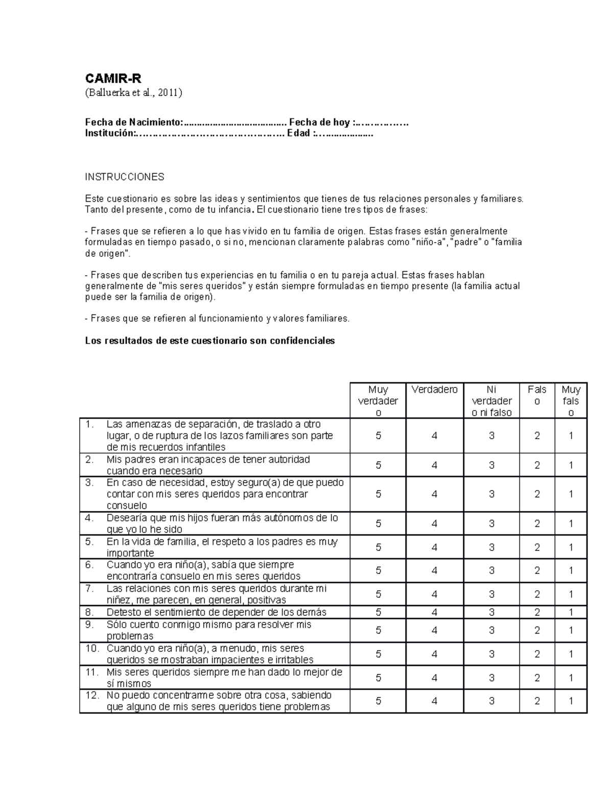 Protocolo Camir - Apuntes 1,2,3,4,5,6,7,8, - CAMIR-R (Balluerka et al ...