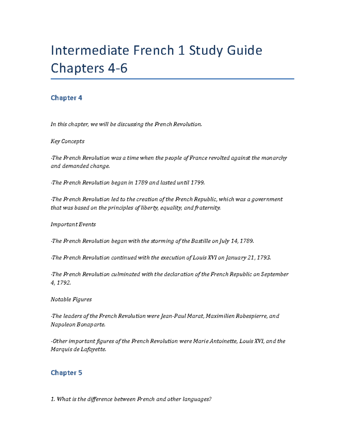 Intermediate French 1 Study Guide Chapters 46 Intermediate French 1