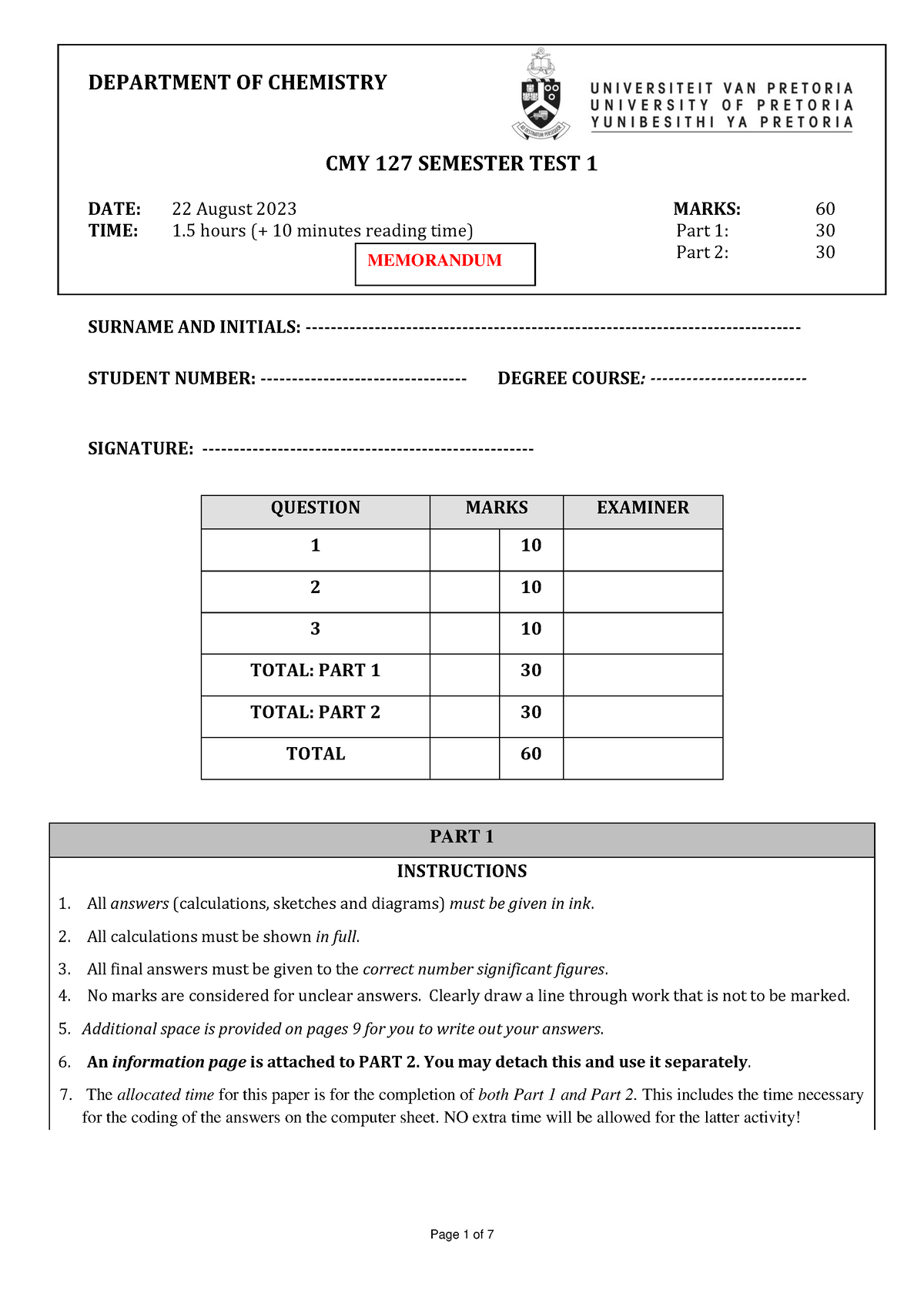 20230807 Semester Test 1 Part 1memorandum V2 Department Of