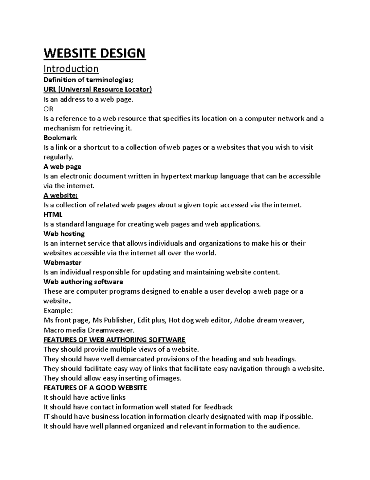 WEB Designing Notes - WEBSITE DESIGN Introduction Definition of ...