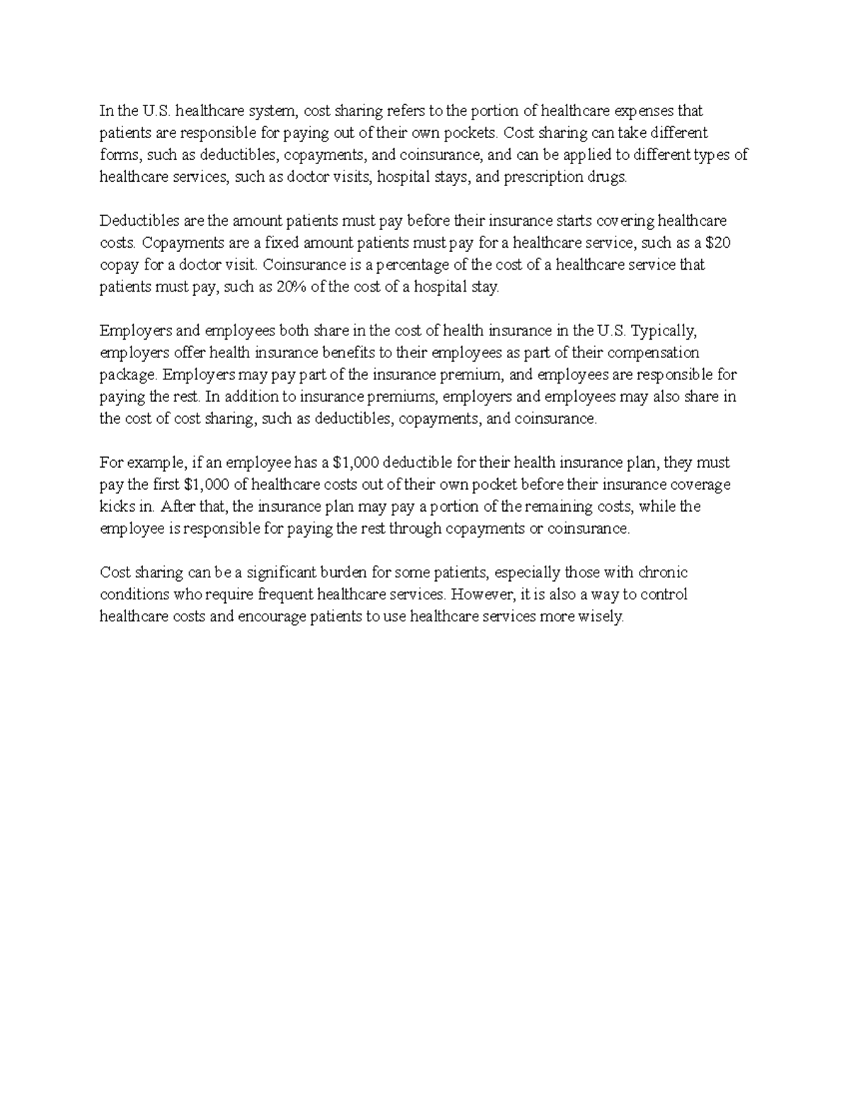 Defining cost and sharing - In the U. healthcare system, cost sharing ...