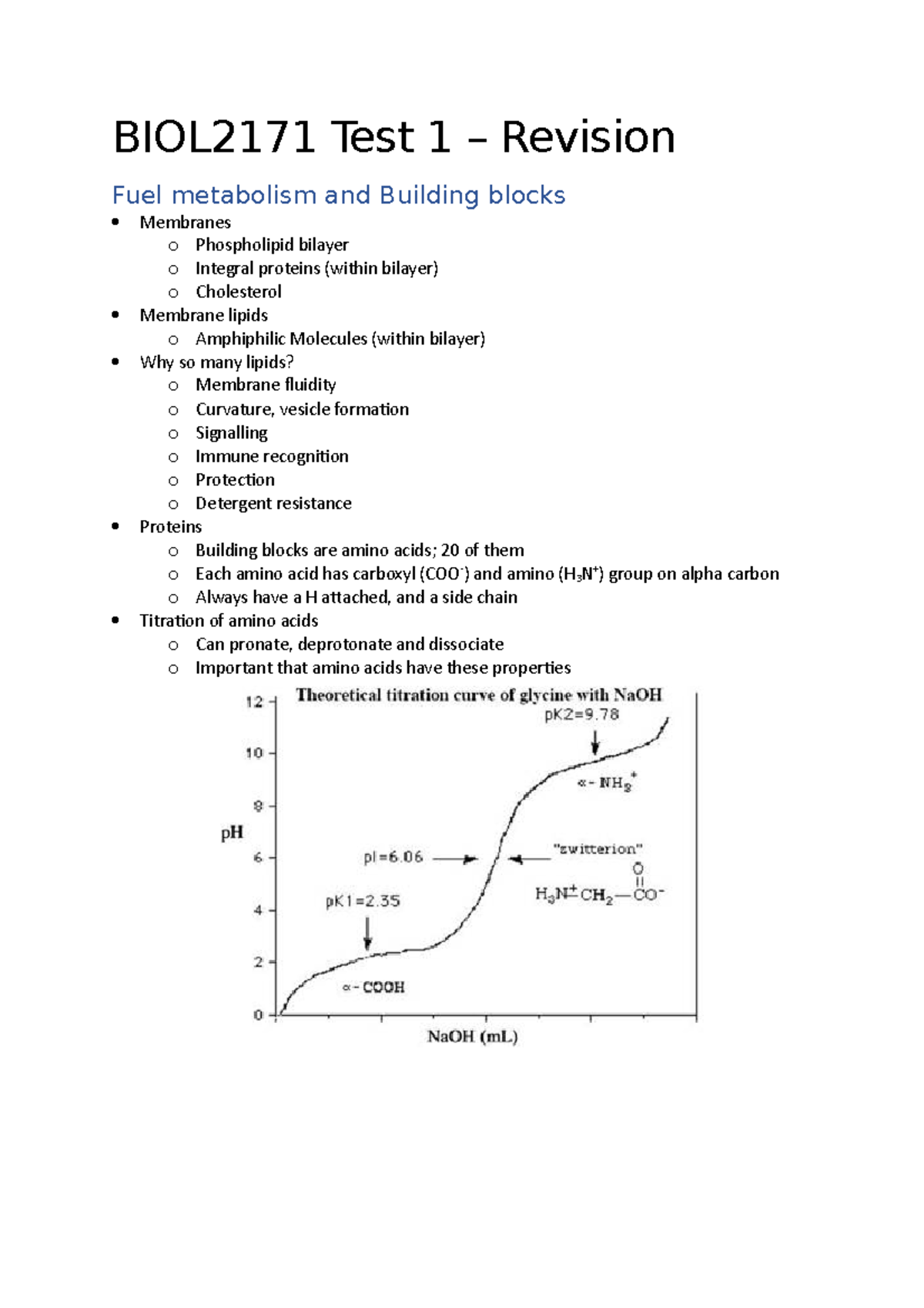 BIOL2171 Test 1 - Revision - BIOL2171 Test 1 – Revision Fuel Metabolism ...