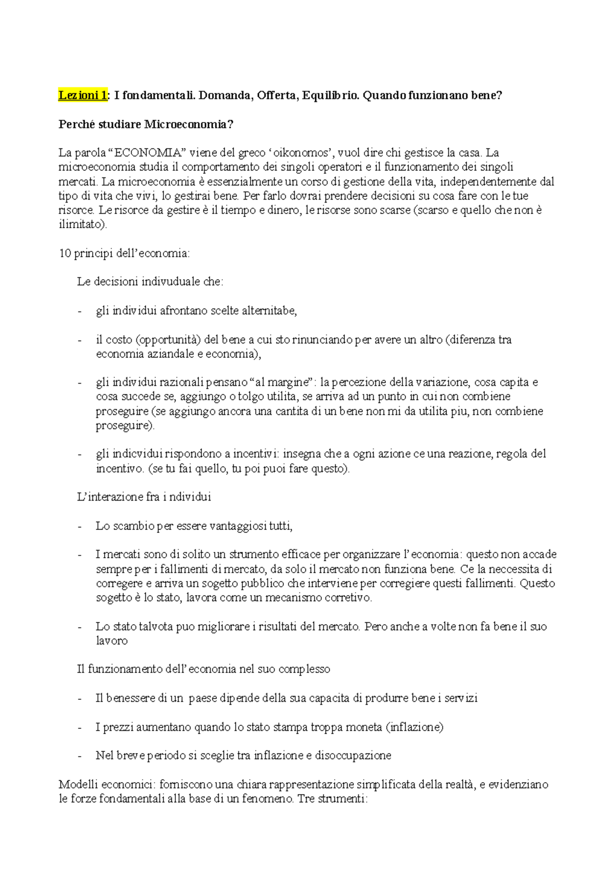 Microeconomia - Appunti Di Lezione 1 - Lezioni 1: I Fondamentali ...