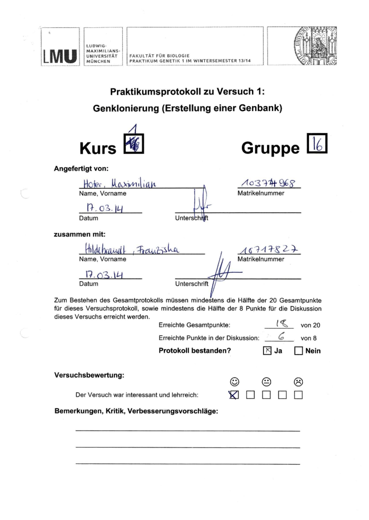 Beispiel Praktikumsprotokoll Zu Versuch 1 6 Studocu