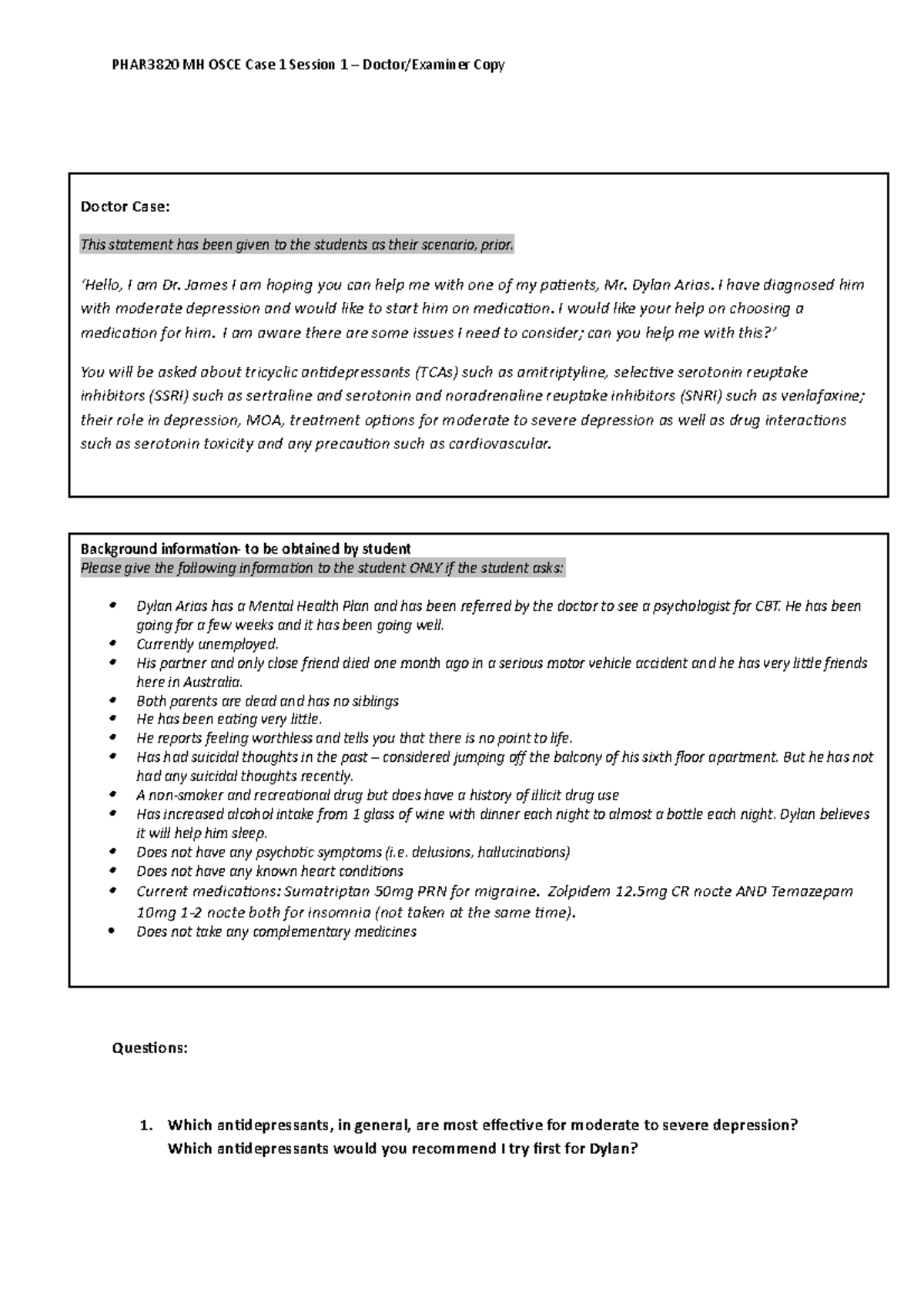 MH OSCE Role Play Case 1 Scenario Doctor-Marker Copy - PHAR3820 MH OSCE ...
