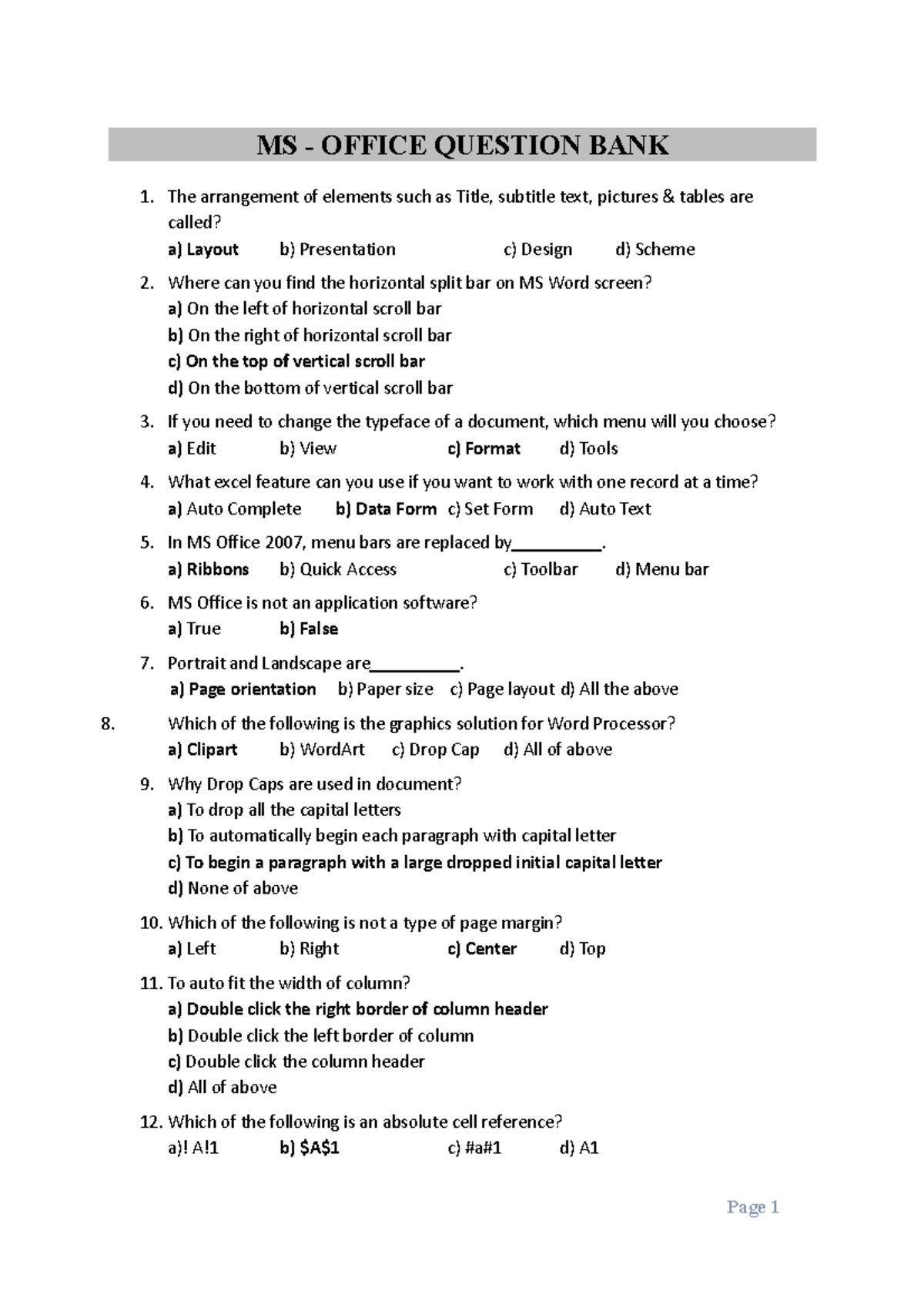 MS Office Question BANK Page 1 MS OFFICE QUESTION BANK 1. The