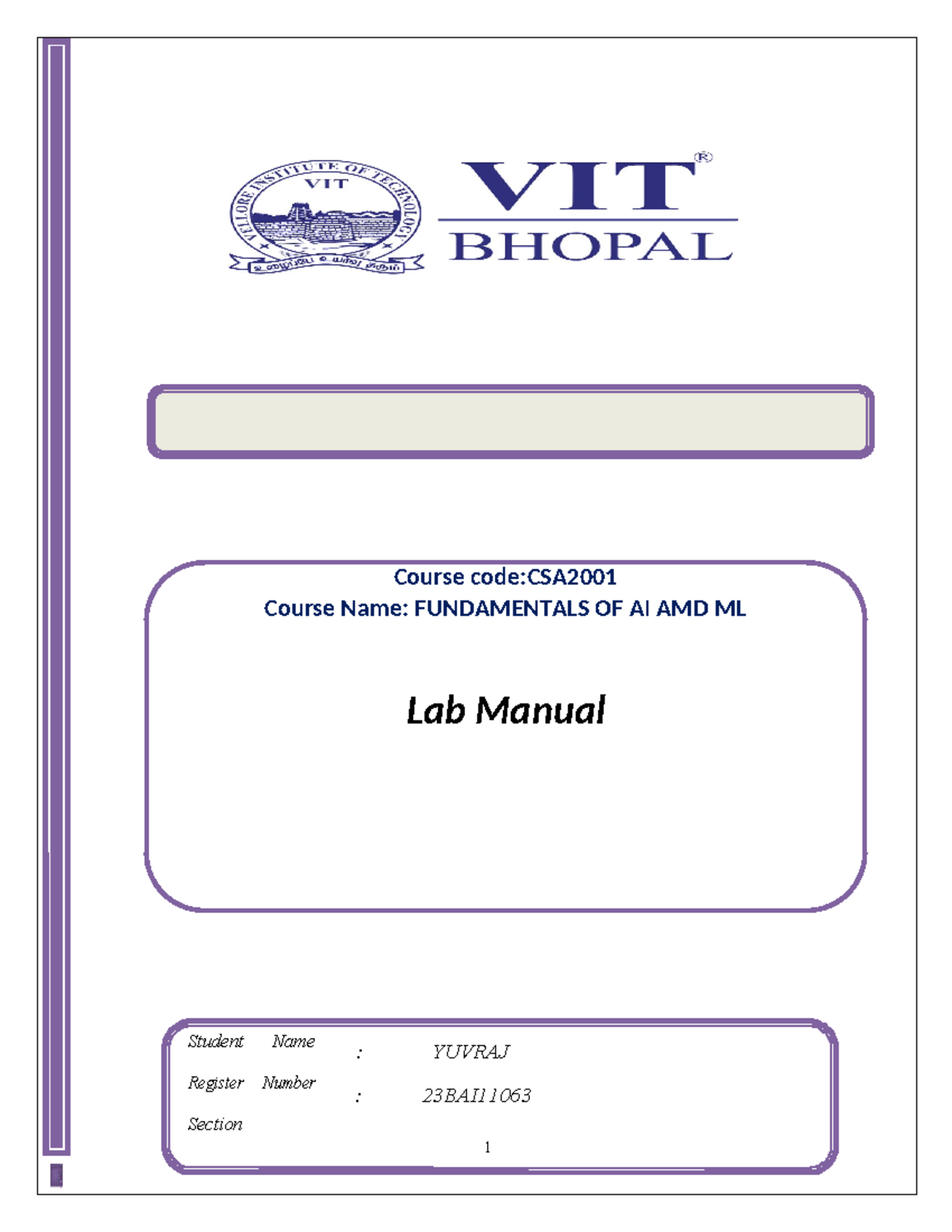 Yuvraj 23BAI11063 AIML LAB Manual Student Name Register Number