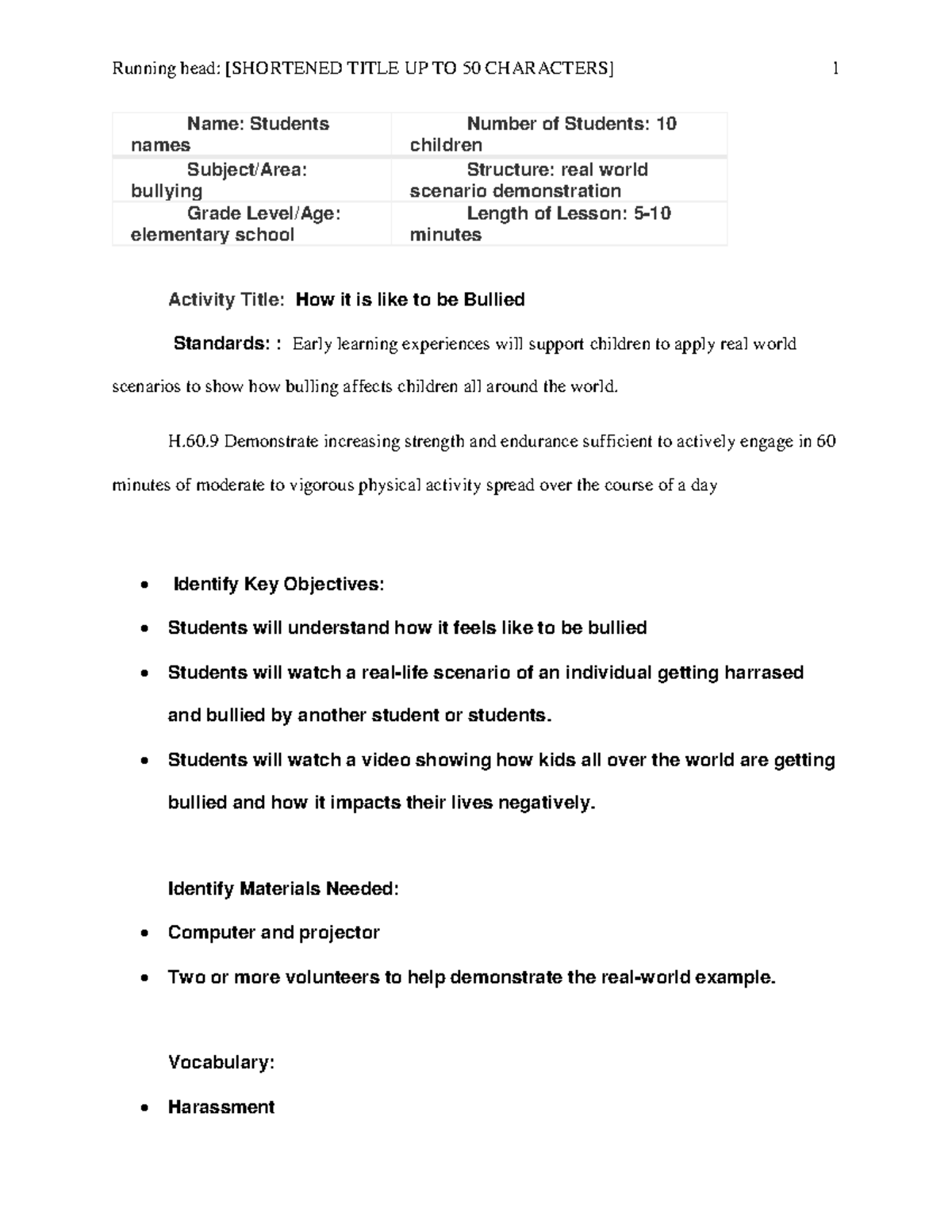 Lesson Plan - Running head: [SHORTENED TITLE UP TO 50 CHARACTERS] 1 ...