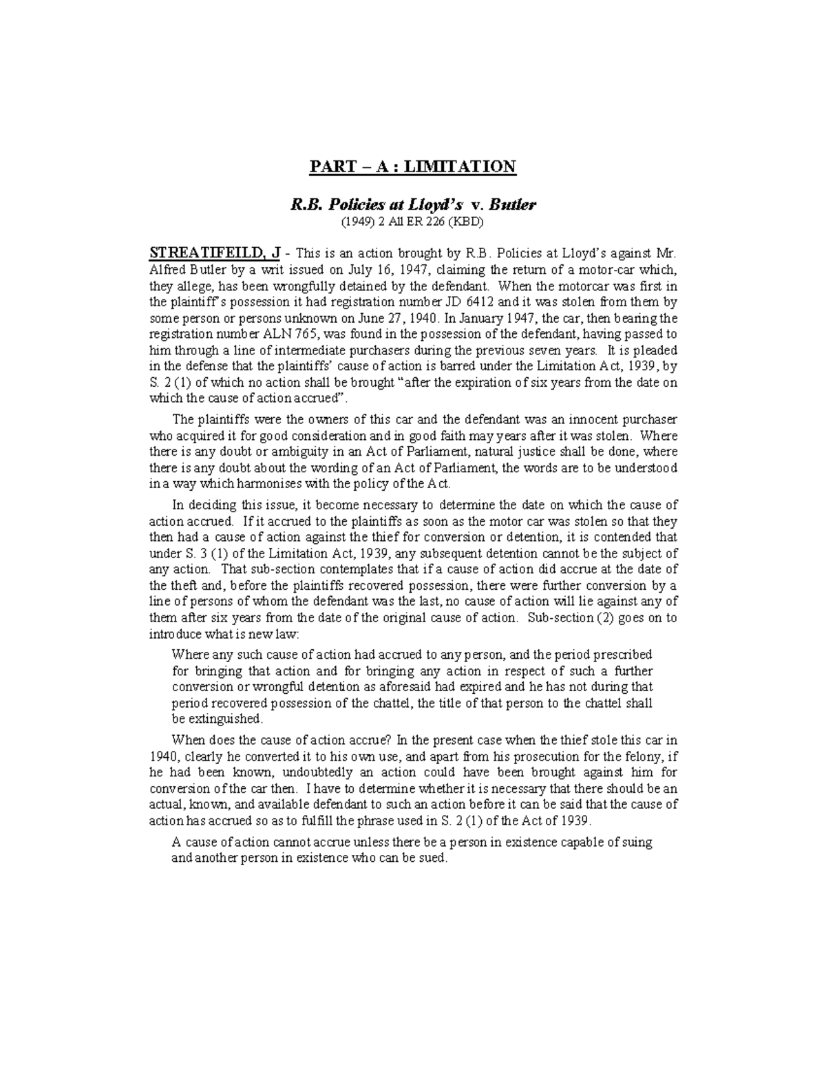 Limitation Case Law Helpful for students Studocu