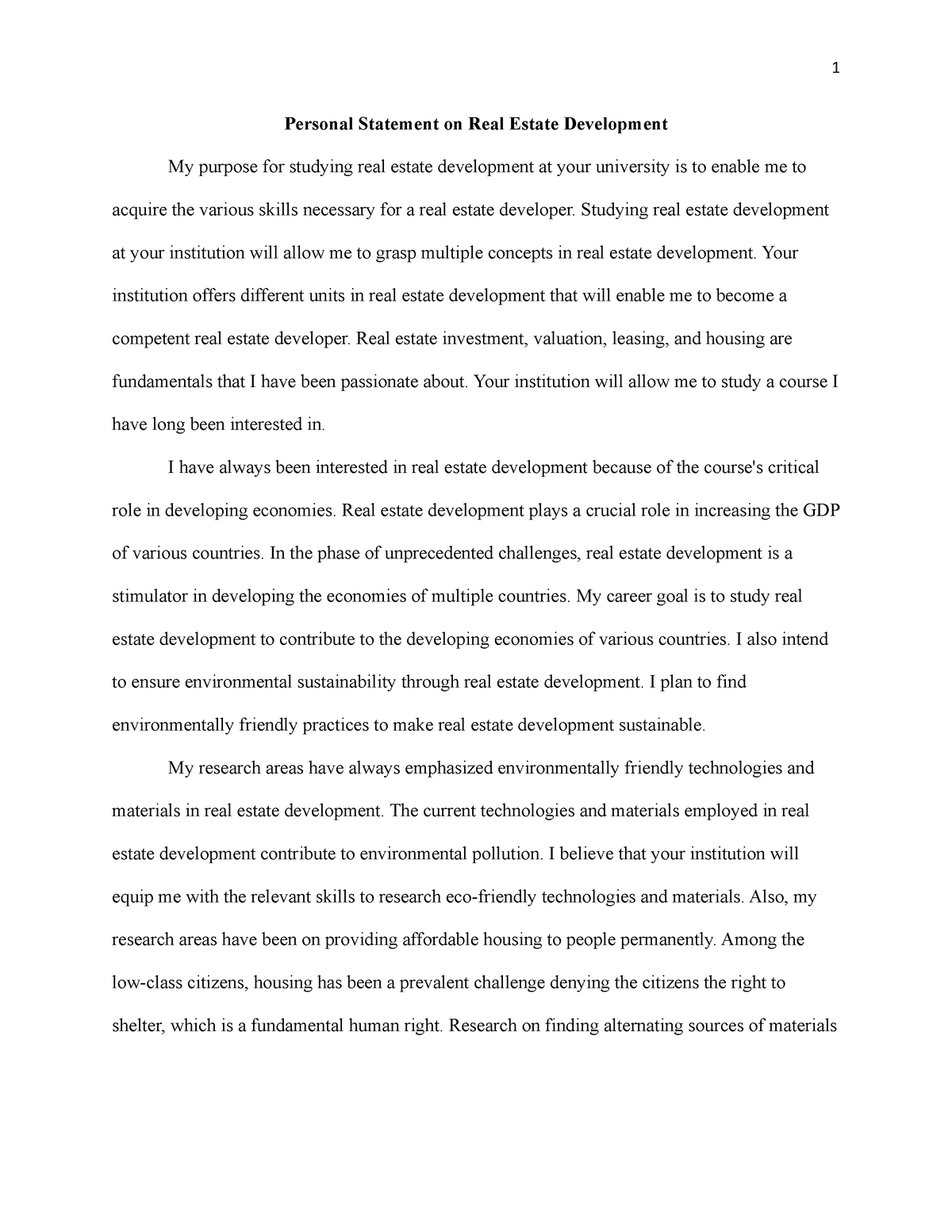 real estate finance personal statement