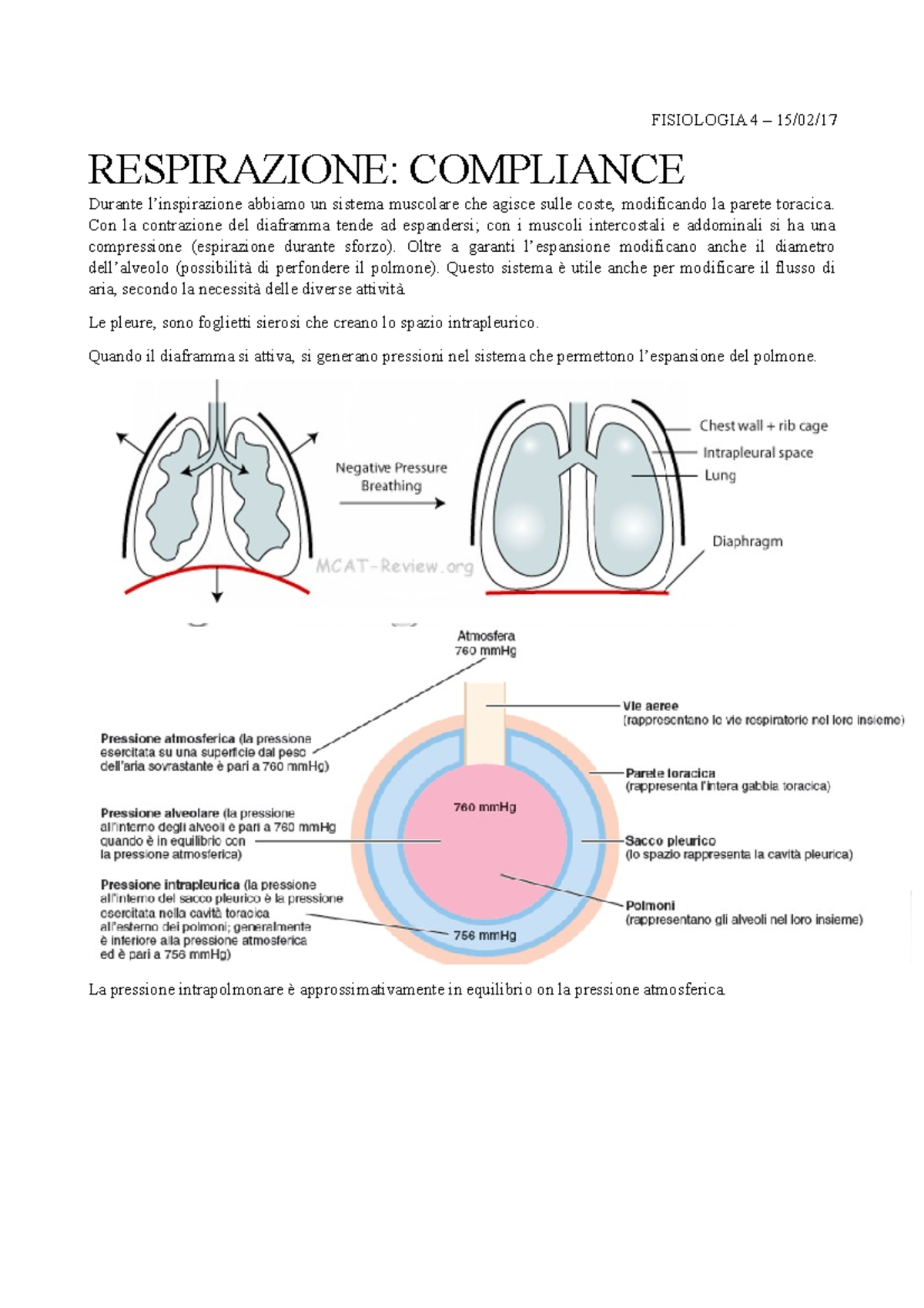 Appunti Respirazione, compliance Fisiologia umana A.A. 2016/2017