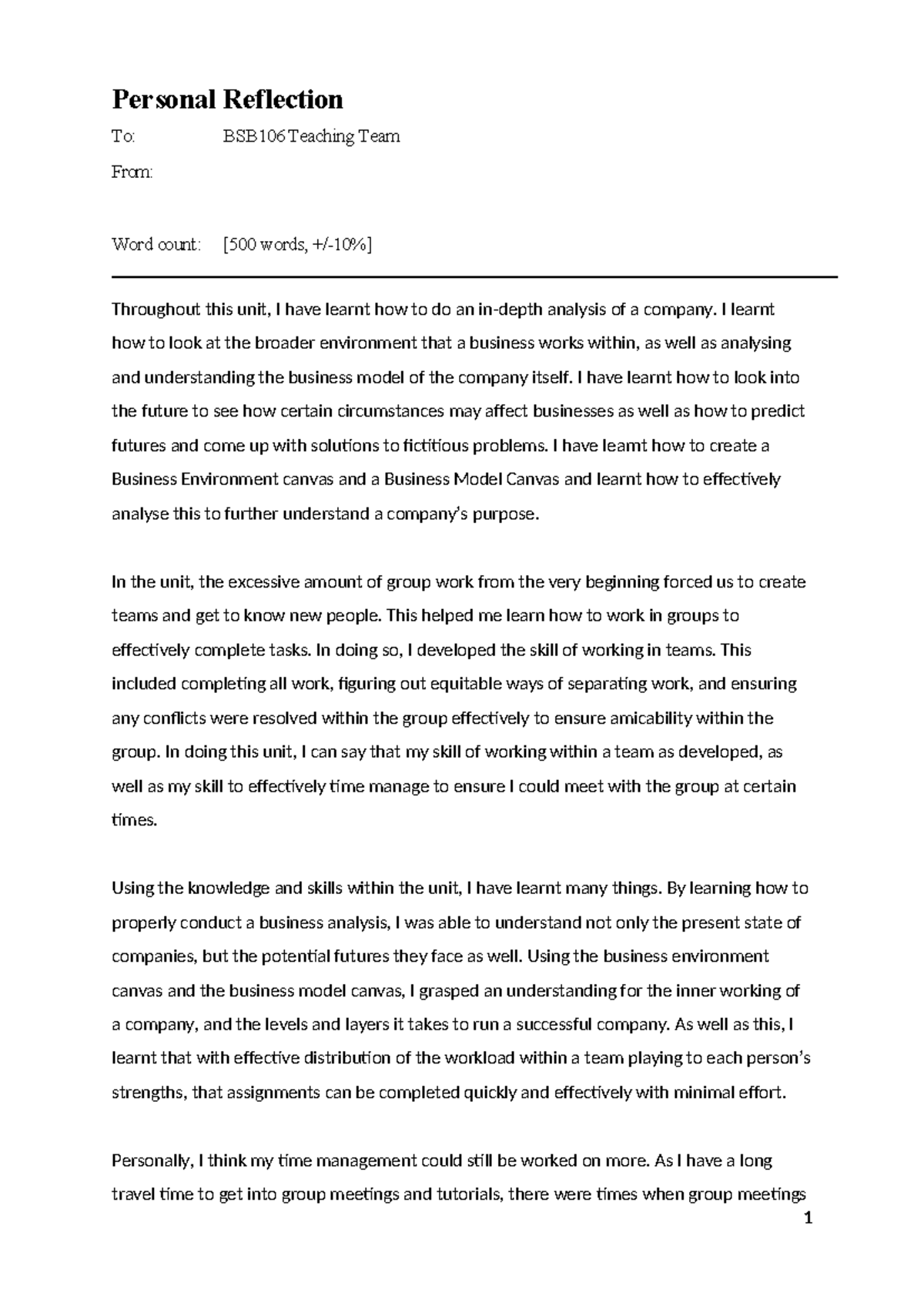 Reflection BSB106 - Personal Reflection To: BSB106 Teaching Team From ...